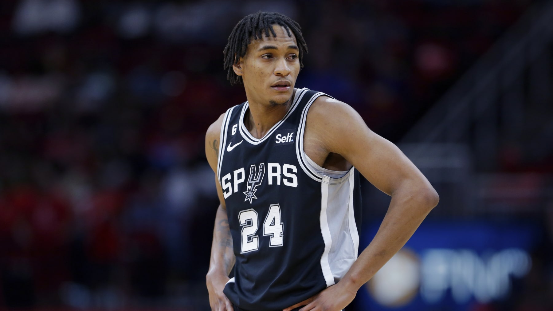 San Antonio Spurs guard Devin Vassell during the first half of an NBA basketball game against the Houston Rockets Sunday, Oct. 2, 2022, in Houston. (AP Photo/Michael Wyke)