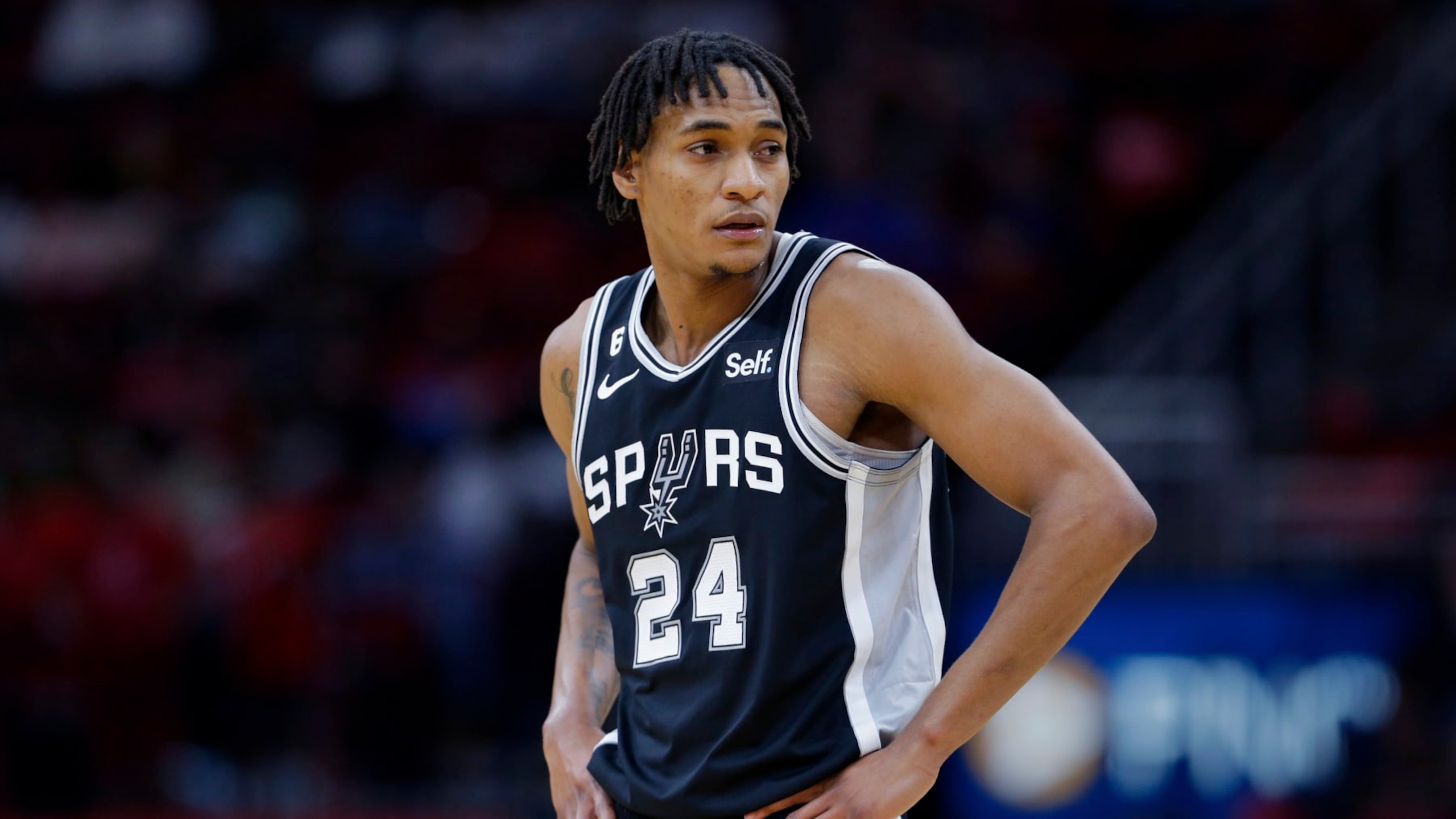 San Antonio Spurs guard Devin Vassell during the first half of an NBA basketball game against the Houston Rockets Sunday, Oct. 2, 2022, in Houston. (AP Photo/Michael Wyke)