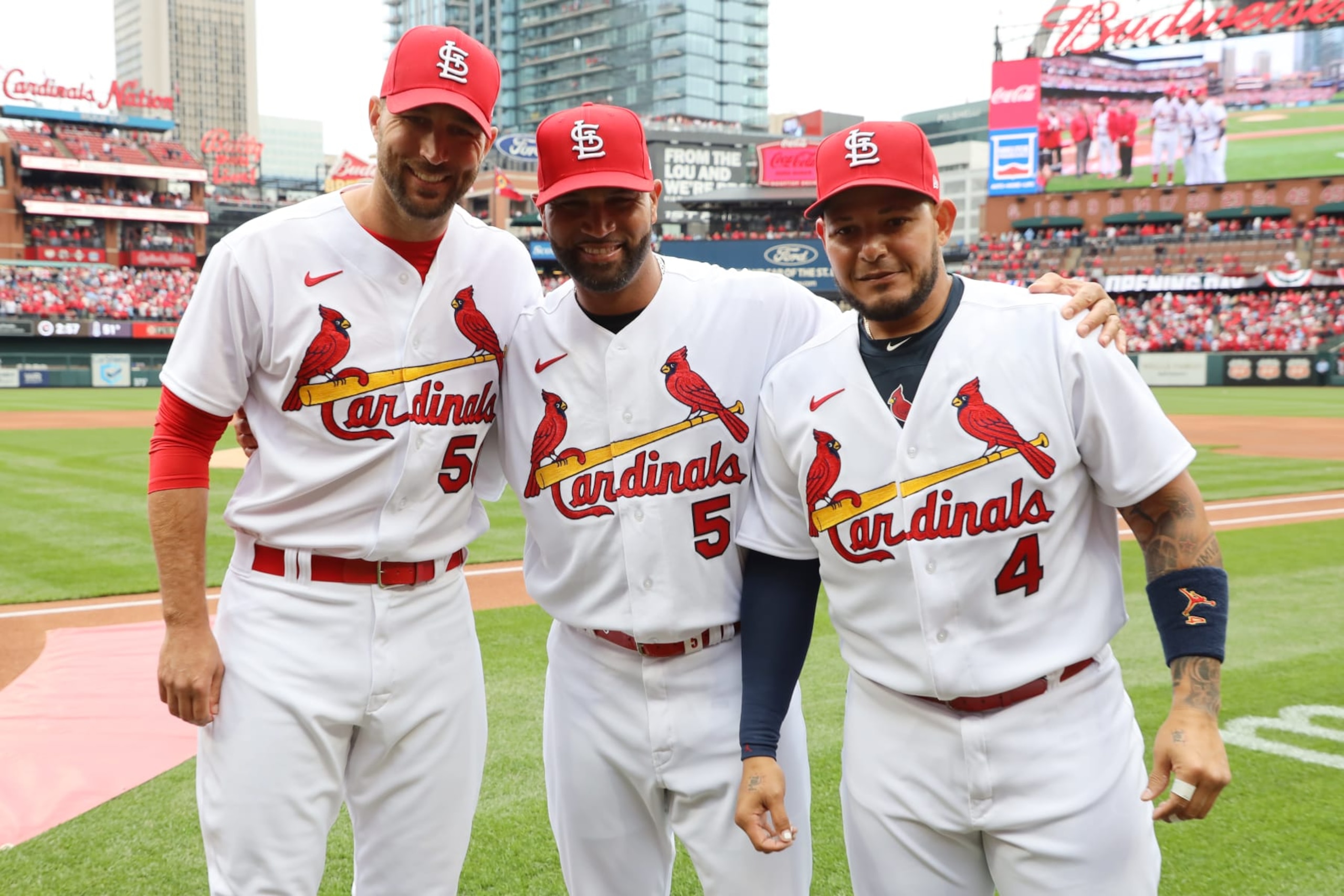 ST. LOUIS, FL - APRIL 07: Adam Wainwright #50, Albert Pujols #5, and Yadier Molina #4 of the St. Louis Cardinals pose for a photo prior to the game between the Pittsburgh Pirates and the St. Louis Cardinals at Busch Stadium on Thursday, April 7, 2022 in St. Louis, Missouri. (Photo by Dilip Vishwanat/MLB Photos via Getty Images) ST. LOUIS, FL - APRIL 07: Adam Wainwright #50, Albert Pujols #5, and Yadier Molina #4 of the St. Louis Cardinals pose for a photo prior to the game between the Pittsburgh Pirates and the St. Louis Cardinals at Busch Stadium on Thursday, April 7, 2022 in St. Louis, Missouri. (Photo by Dilip Vishwanat/MLB Photos via Getty Images)