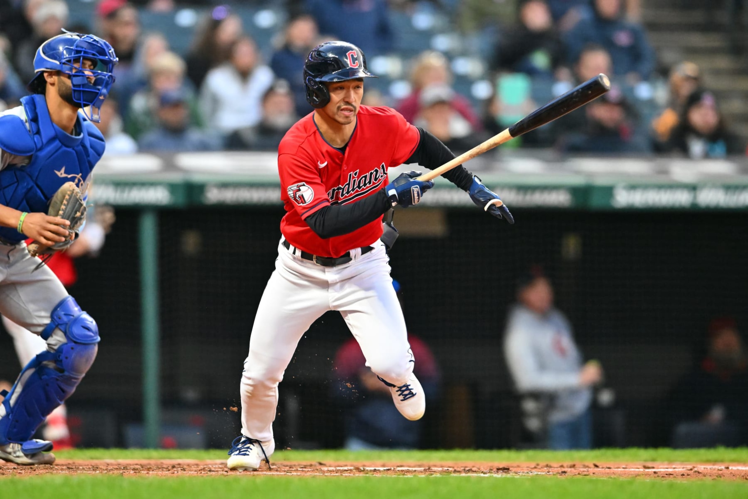 CLEVELAND, OHIO - OCTOBER 03: Steven Kwan #38 of the Cleveland Guardians hits an RBI single during the third inning against the Kansas City Royals at Progressive Field on October 03, 2022 in Cleveland, Ohio. (Photo by Jason Miller/Getty Images) CLEVELAND, OHIO - OCTOBER 03: Steven Kwan #38 of the Cleveland Guardians hits an RBI single during the third inning against the Kansas City Royals at Progressive Field on October 03, 2022 in Cleveland, Ohio. (Photo by Jason Miller/Getty Images)