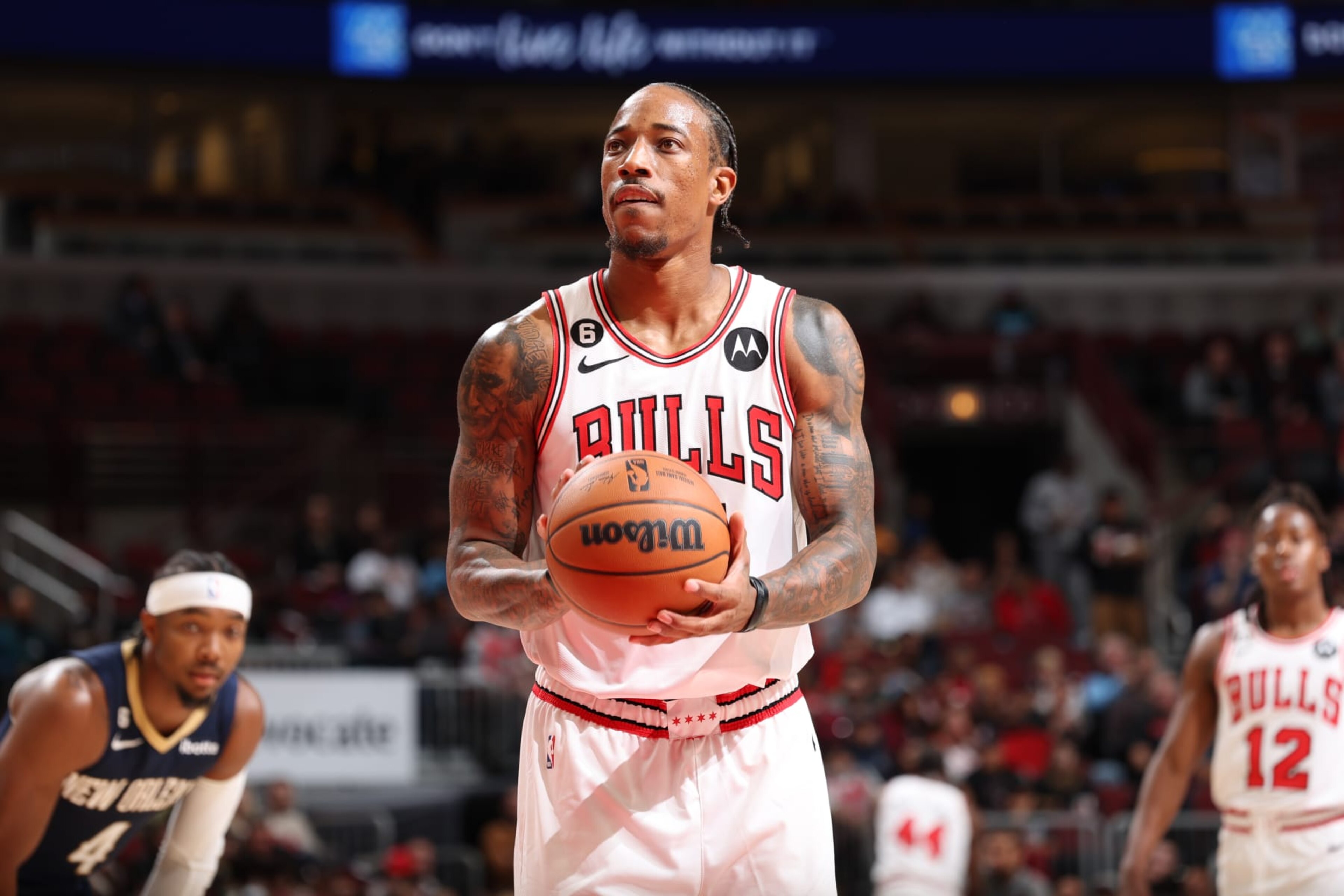 CHICAGO, IL - OCTOBER 4: DeMar DeRozan #11 of the Chicago Bulls shoots a free throw during the game against the New Orleans Pelicans on October 4, 2022 at United Center in Chicago, Illinois. NOTE TO USER: User expressly acknowledges and agrees that, by downloading and or using this photograph, User is consenting to the terms and conditions of the Getty Images License Agreement. Mandatory Copyright Notice: Copyright 2022 NBAE (Photo by Jeff Haynes/NBAE via Getty Images) CHICAGO, IL - OCTOBER 4: DeMar DeRozan #11 of the Chicago Bulls shoots a free throw during the game against the New Orleans Pelicans on October 4, 2022 at United Center in Chicago, Illinois. NOTE TO USER: User expressly acknowledges and agrees that, by downloading and or using this photograph, User is consenting to the terms and conditions of the Getty Images License Agreement. Mandatory Copyright Notice: Copyright 2022 NBAE (Photo by Jeff Haynes/NBAE via Getty Images)