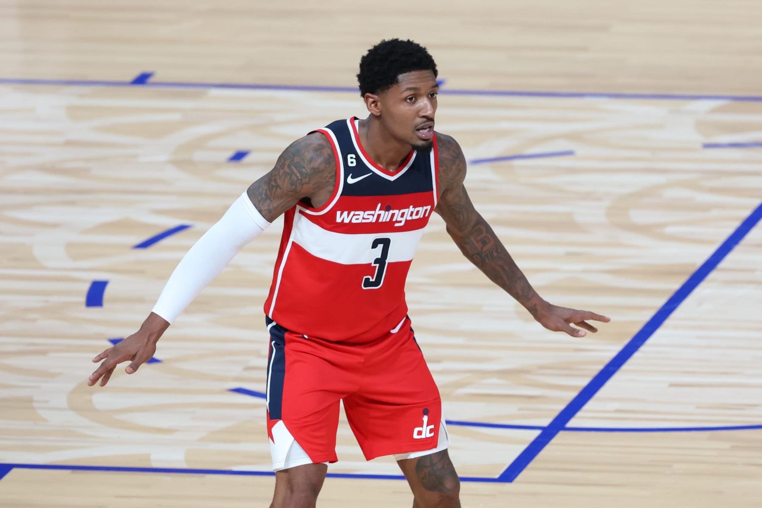 SAITAMA, JAPAN - SEPTEMBER 30: Bradley Beal #3 of the Washington Wizards looks on during the Golden State Warriors v Washington Wizards - NBA Japan Games at the Saitama Super Arena on September 30, 2022 in Saitama, Japan. NOTE TO USER: User expressly acknowledges and agrees that, by downloading and or using this photograph, User is consenting to the terms and conditions of the Getty Images License Agreement. (Photo by Takashi Aoyama/Getty Images)