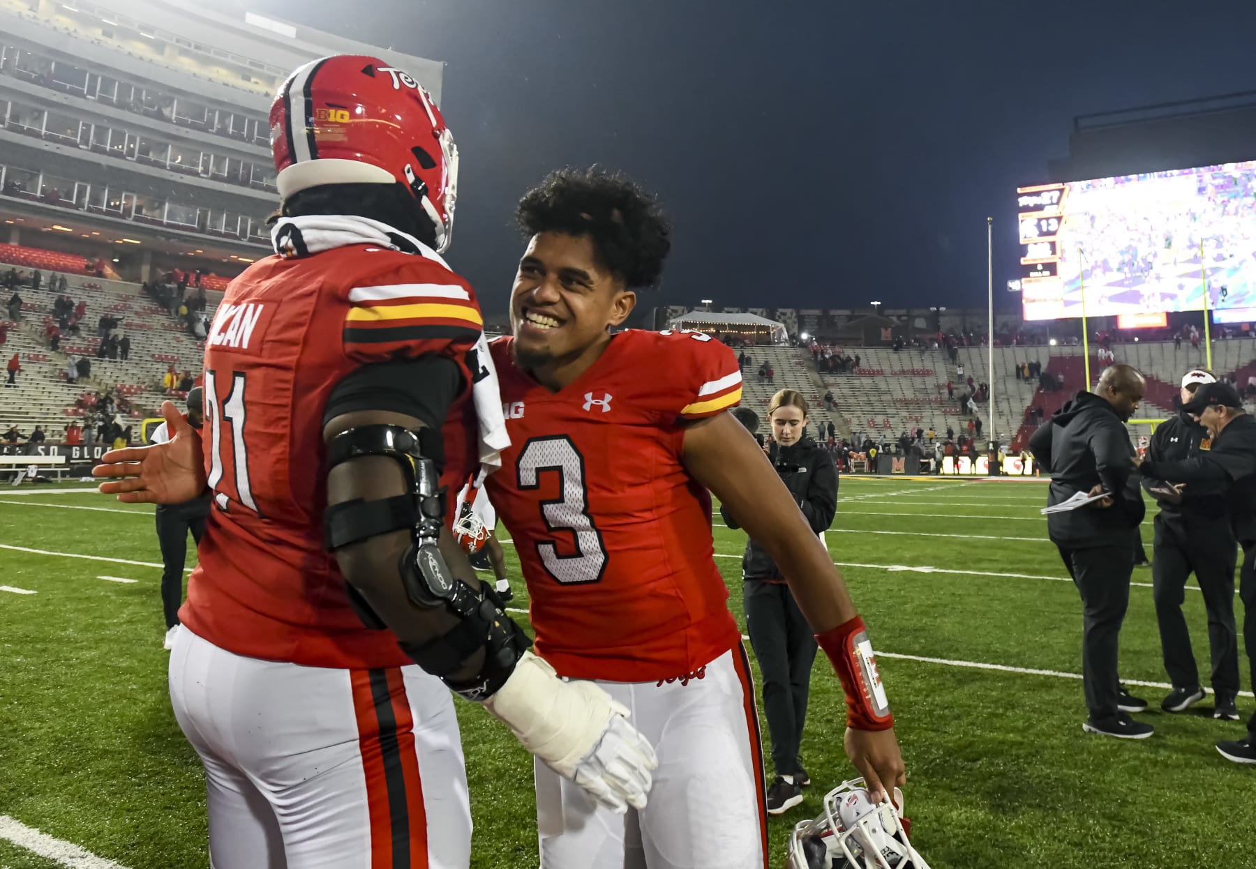 COLLEGE PARK, MD - OCTOBER 01: Maryland Terrapins quarterback Taulia Tagovailoa (3) celebrates with offensive lineman Jaelyn Duncan (71) following the Michigan State Spartans game versus the Maryland Terrapins on October 1, 2022 at SECU Stadium in College Park, MD.  (Photo by Mark Goldman/Icon Sportswire via Getty Images)