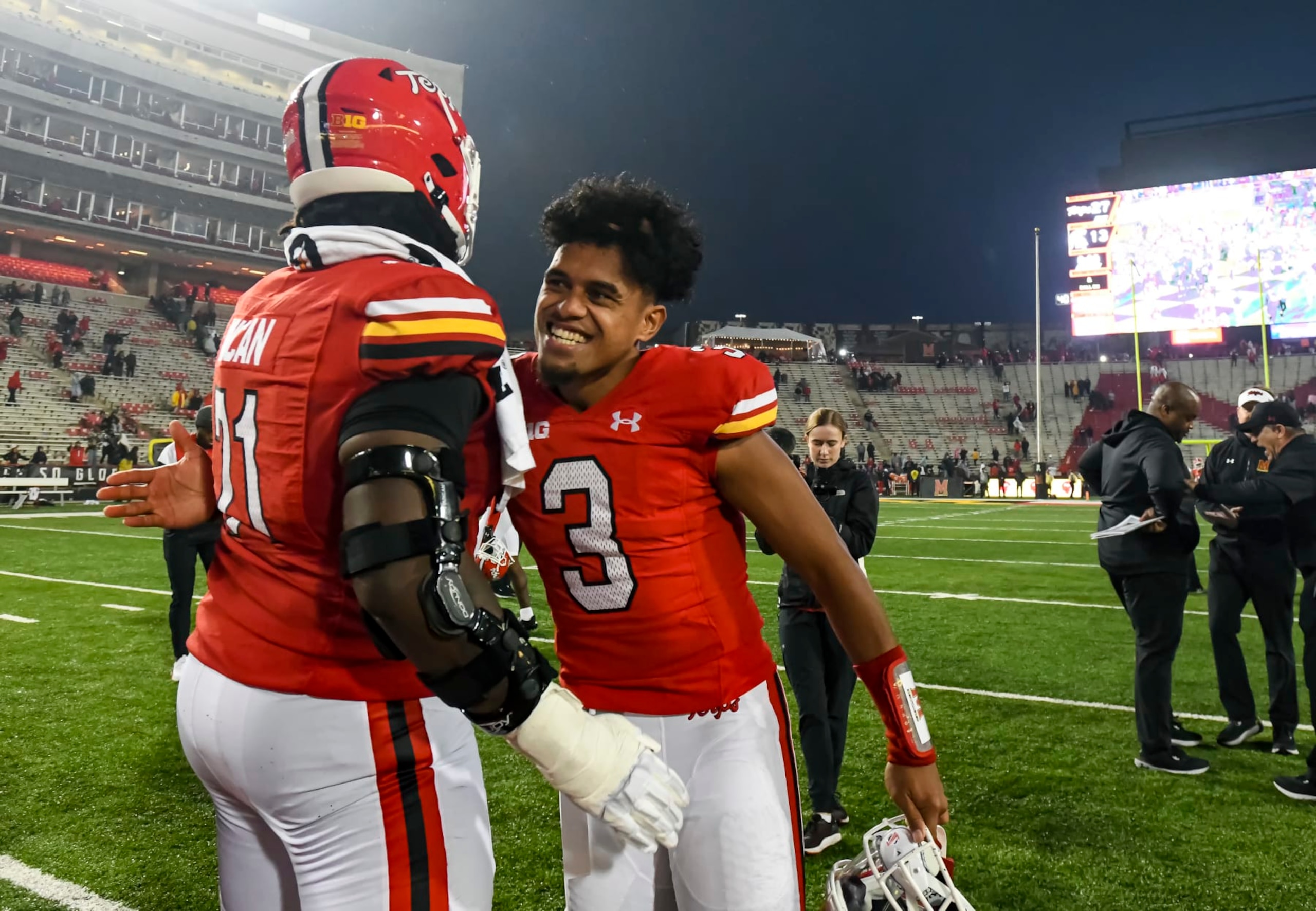 COLLEGE PARK, MD - OCTOBER 01: Maryland Terrapins quarterback Taulia Tagovailoa (3) celebrates with offensive lineman Jaelyn Duncan (71) following the Michigan State Spartans game versus the Maryland Terrapins on October 1, 2022 at SECU Stadium in College Park, MD. (Photo by Mark Goldman/Icon Sportswire via Getty Images) COLLEGE PARK, MD - OCTOBER 01: Maryland Terrapins quarterback Taulia Tagovailoa (3) celebrates with offensive lineman Jaelyn Duncan (71) following the Michigan State Spartans game versus the Maryland Terrapins on October 1, 2022 at SECU Stadium in College Park, MD. (Photo by Mark Goldman/Icon Sportswire via Getty Images)