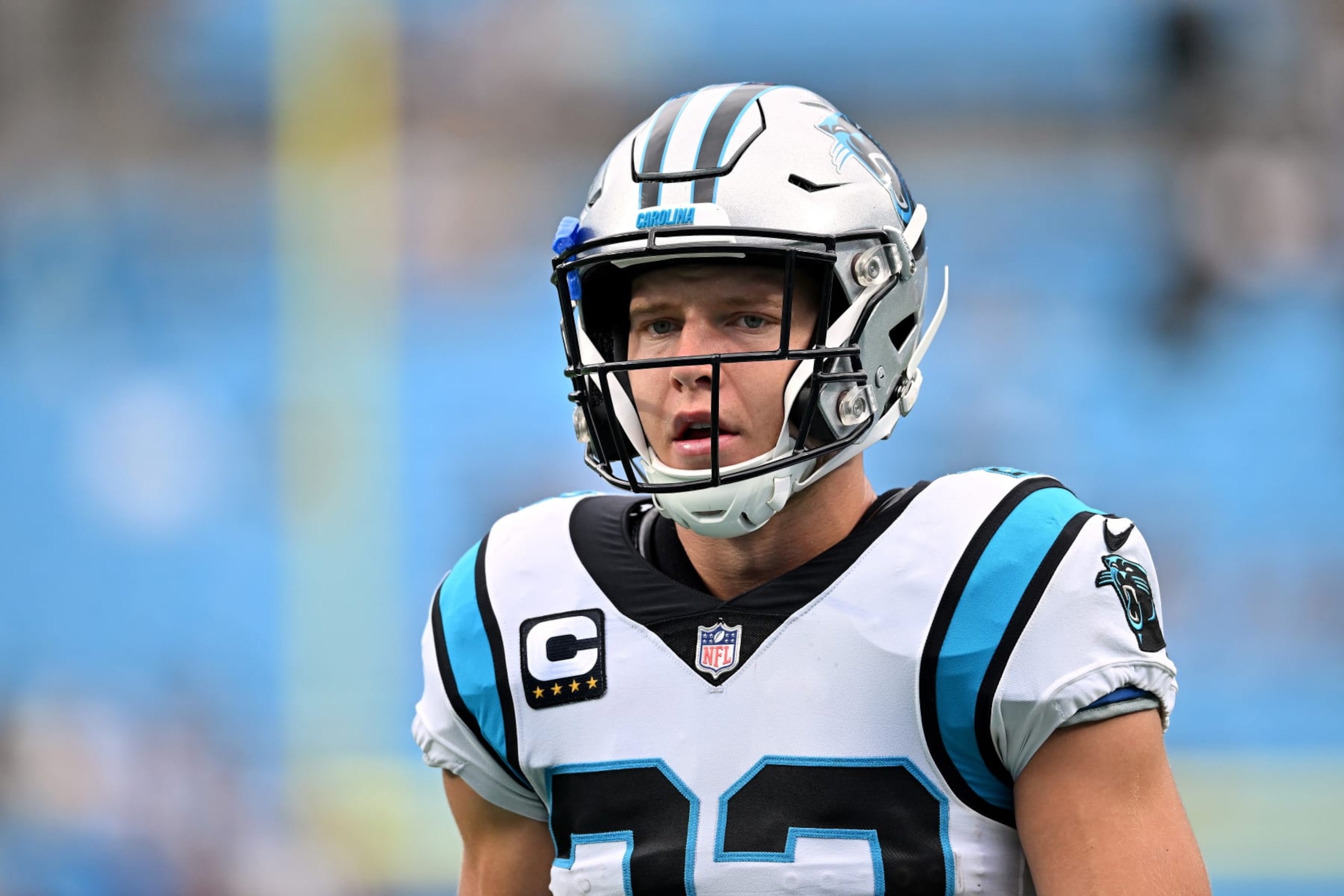 CHARLOTTE, NORTH CAROLINA - SEPTEMBER 25: Christian McCaffrey #22 of the Carolina Panthers is shown during their game against the New Orleans Saints at Bank of America Stadium on September 25, 2022 in Charlotte, North Carolina. (Photo by Grant Halverson/Getty Images)