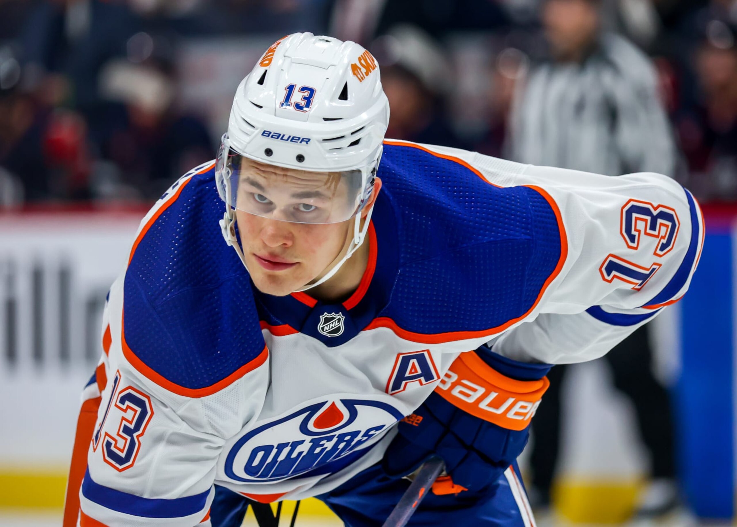 WINNIPEG, CANADA - OCTOBER 01: Jesse Puljujarvi #13 of the Edmonton Oilers prepares for a third period face-off against the Winnipeg Jets in a pre-season game at Canada Life Centre on October 01, 2022 in Winnipeg, Manitoba, Canada. (Photo by Jonathan Kozub/NHLI via Getty Images)