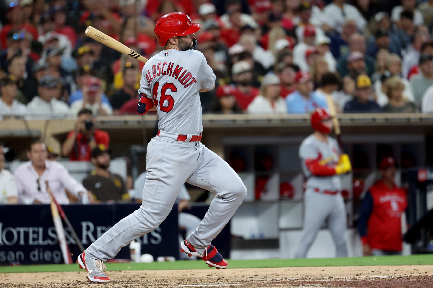 SAN DIEGO, CA - SEPTEMBER 20:  St. Louis Cardinals first baseman Paul Goldschmidt (46) hits a double in the sixth inning against the San Diego Padres on September 20, 2022, at Petco Park in San Diego, CA. (Photo by Kiyoshi Mio/Icon Sportswire via Getty Images)