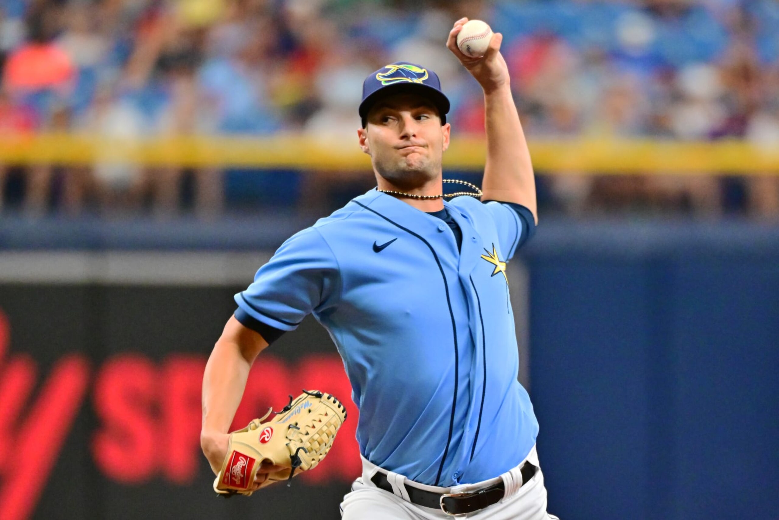 ST PETERSBURG, FLORIDA - JULY 31: Shane McClanahan #18 of the Tampa Bay Rays delivers a pitch to the Cleveland Guardians in the first inning at Tropicana Field on July 31, 2022 in St Petersburg, Florida. (Photo by Julio Aguilar/Getty Images)