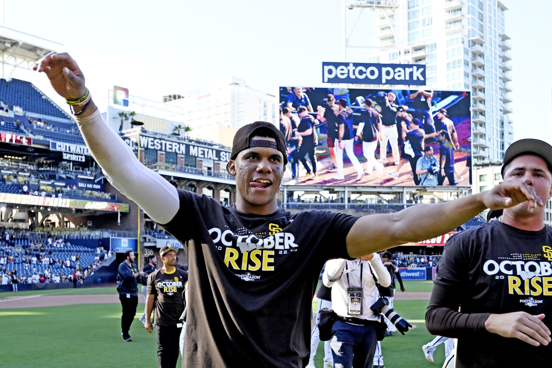 SAN DIEGO, CA - OCTOBER 2:  Juan Soto #22 of the San Diego Padres celebrates after the Padres played the Chicago White Sox in a baseball game October 2, 2022 at Petco Park in San Diego, California. The Padres clinched a playoff spot after the Milwaukee Brewers lost to the Miami Marlins. (Photo by Denis Poroy/Getty Images)