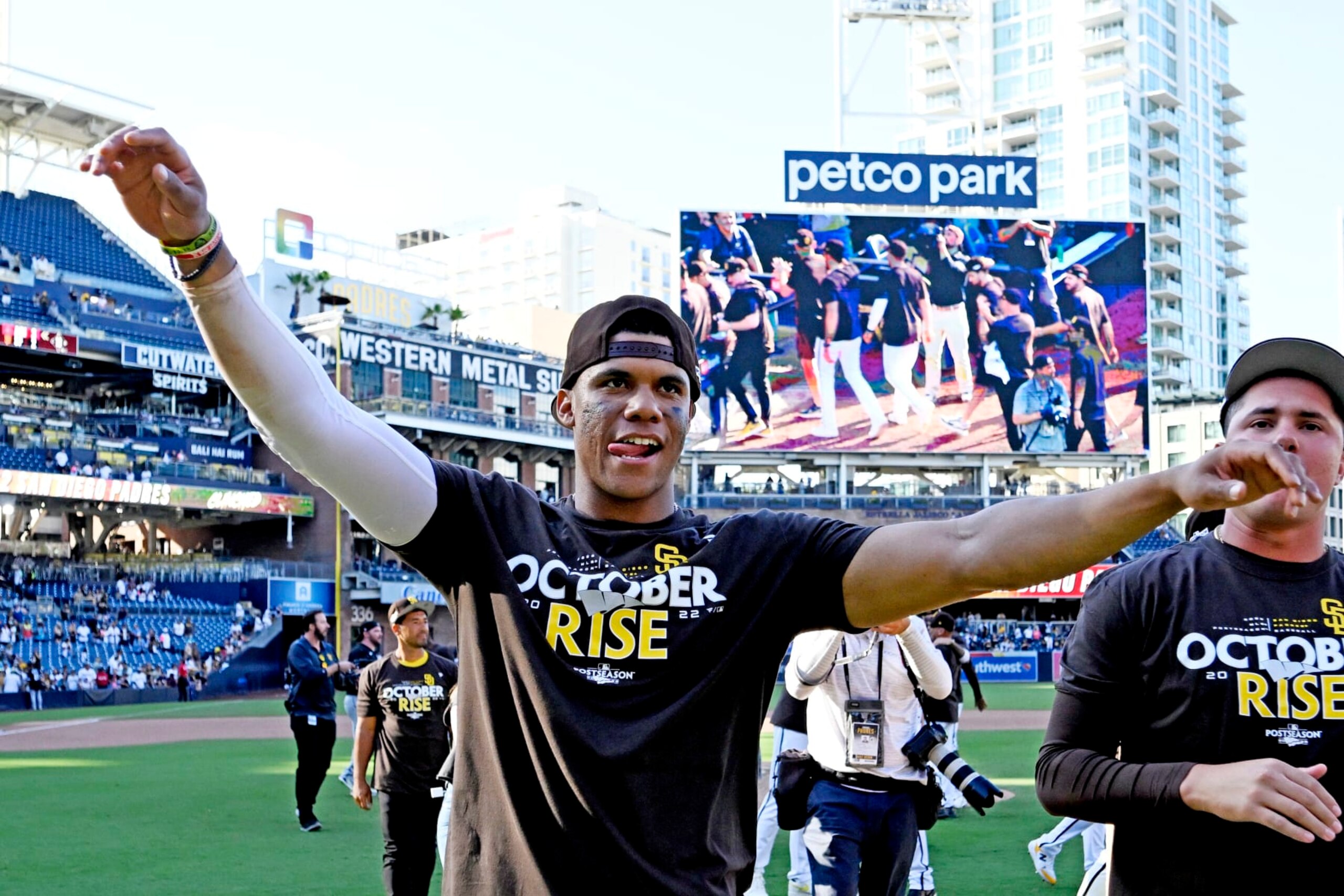 SAN DIEGO, CA - OCTOBER 2:  Juan Soto #22 of the San Diego Padres celebrates after the Padres played the Chicago White Sox in a baseball game October 2, 2022 at Petco Park in San Diego, California. The Padres clinched a playoff spot after the Milwaukee Brewers lost to the Miami Marlins. (Photo by Denis Poroy/Getty Images)
