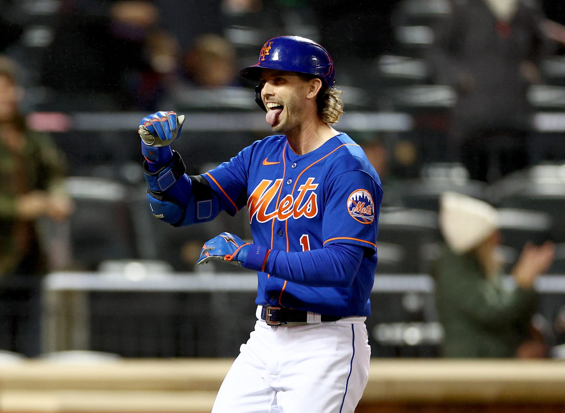 NEW YORK, NEW YORK - OCTOBER 04: Jeff McNeil #1 of the New York Mets reacts after he hit a solo home run in the first inning against the Washington Nationals during game two of a double header at Citi Field on October 04, 2022 in the Flushing neighborhood of the Queens borough of New York City. (Photo by Elsa/Getty Images)