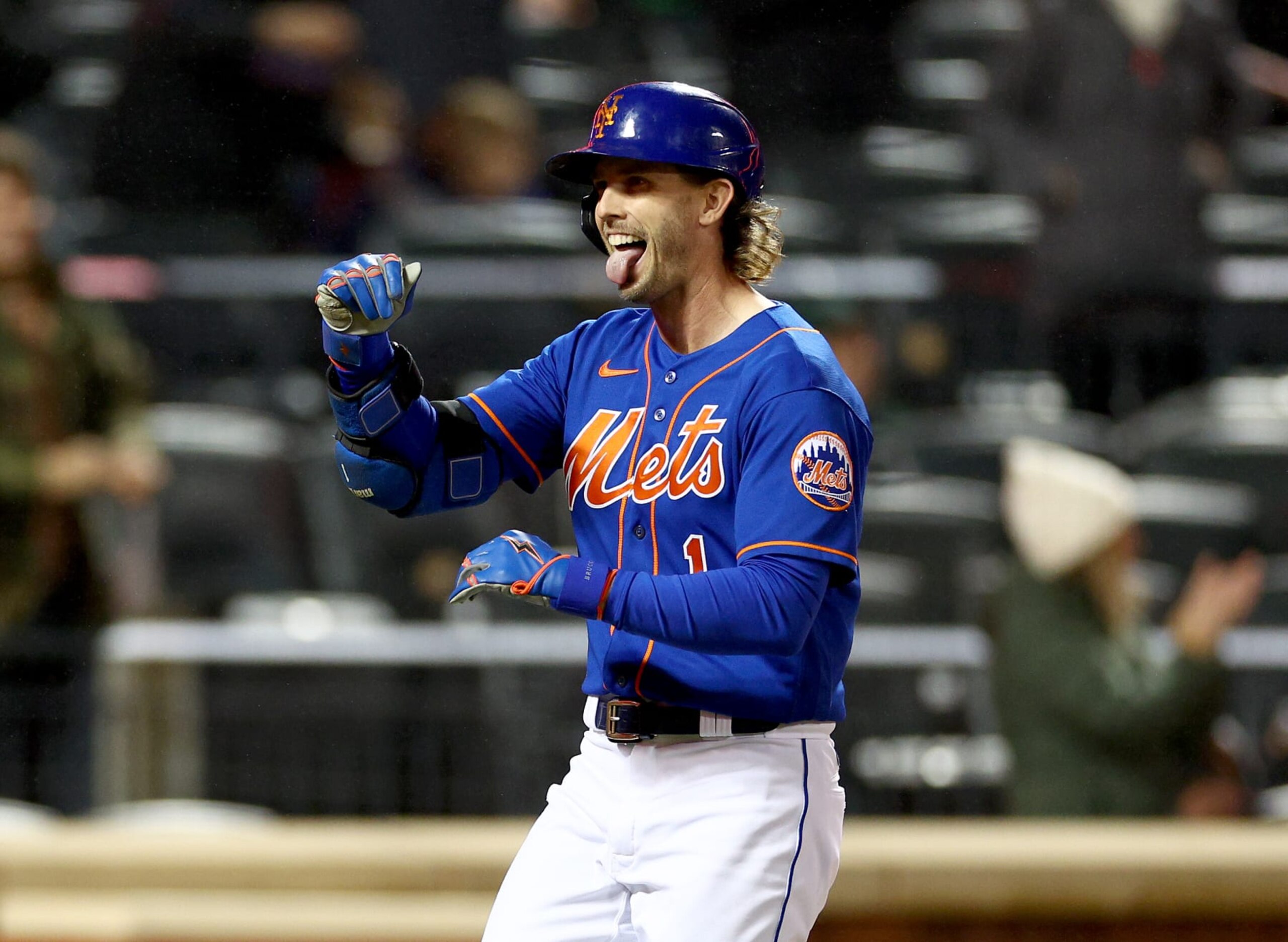 NEW YORK, NEW YORK - OCTOBER 04: Jeff McNeil #1 of the New York Mets reacts after he hit a solo home run in the first inning against the Washington Nationals during game two of a double header at Citi Field on October 04, 2022 in the Flushing neighborhood of the Queens borough of New York City. (Photo by Elsa/Getty Images)