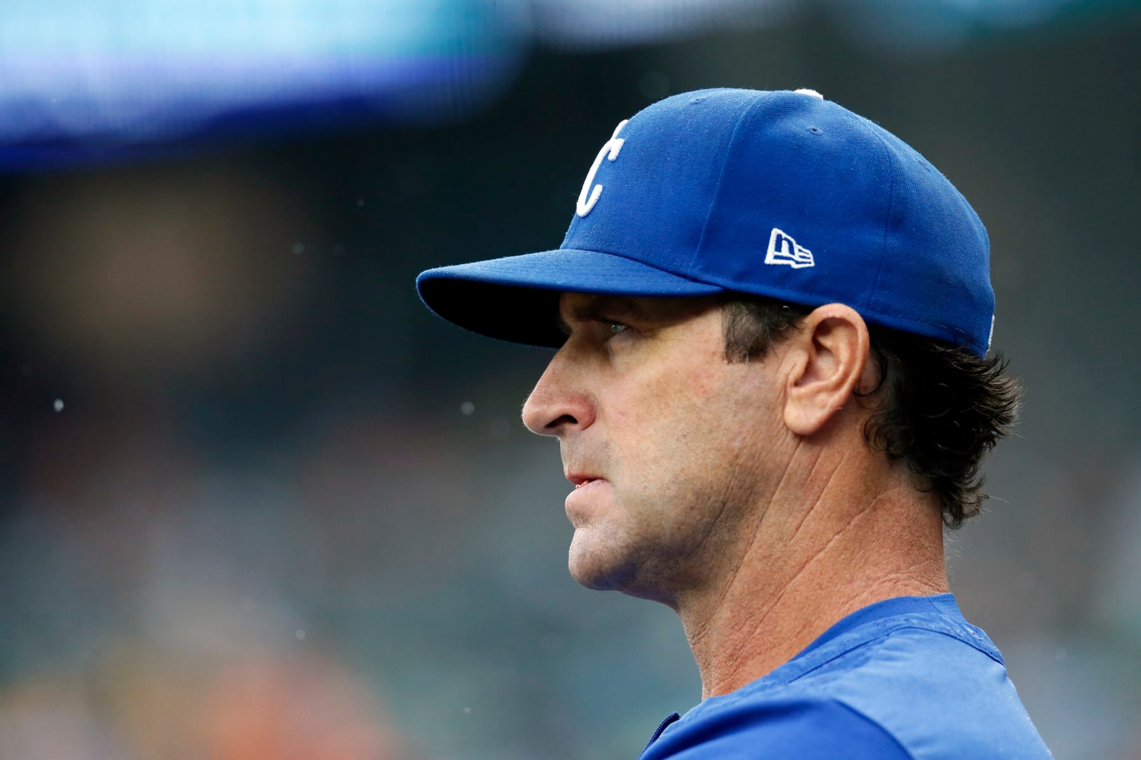 DETROIT, MI -  SEPTEMBER 4:  Manager Mike Matheny #22 of the Kansas City Royals watches from the dugout during a game against the Detroit Tigers at Comerica Park on September 4, 2022, in Detroit, Michigan. (Photo by Duane Burleson/Getty Images)
