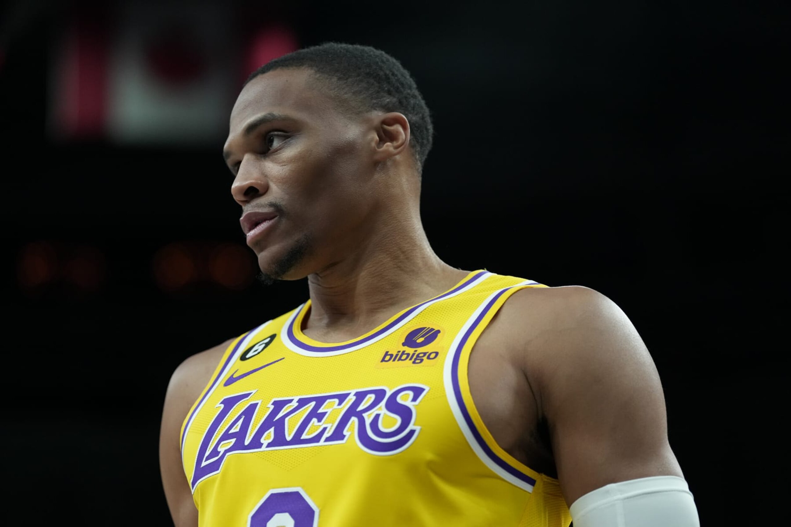 LAS VEGAS, NV - OCTOBER 5: Russell Westbrook #0 of the Los Angeles Lakers looks on before a preseason game on October 5 2022 at T-Mobile Arena in Las Vegas, Nevada. NOTE TO USER: User expressly acknowledges and agrees that, by downloading and or using this photograph, User is consenting to the terms and conditions of the Getty Images License Agreement. Mandatory Copyright Notice: Copyright 2022 NBAE (Photo by Jeff Bottari/NBAE via Getty Images)