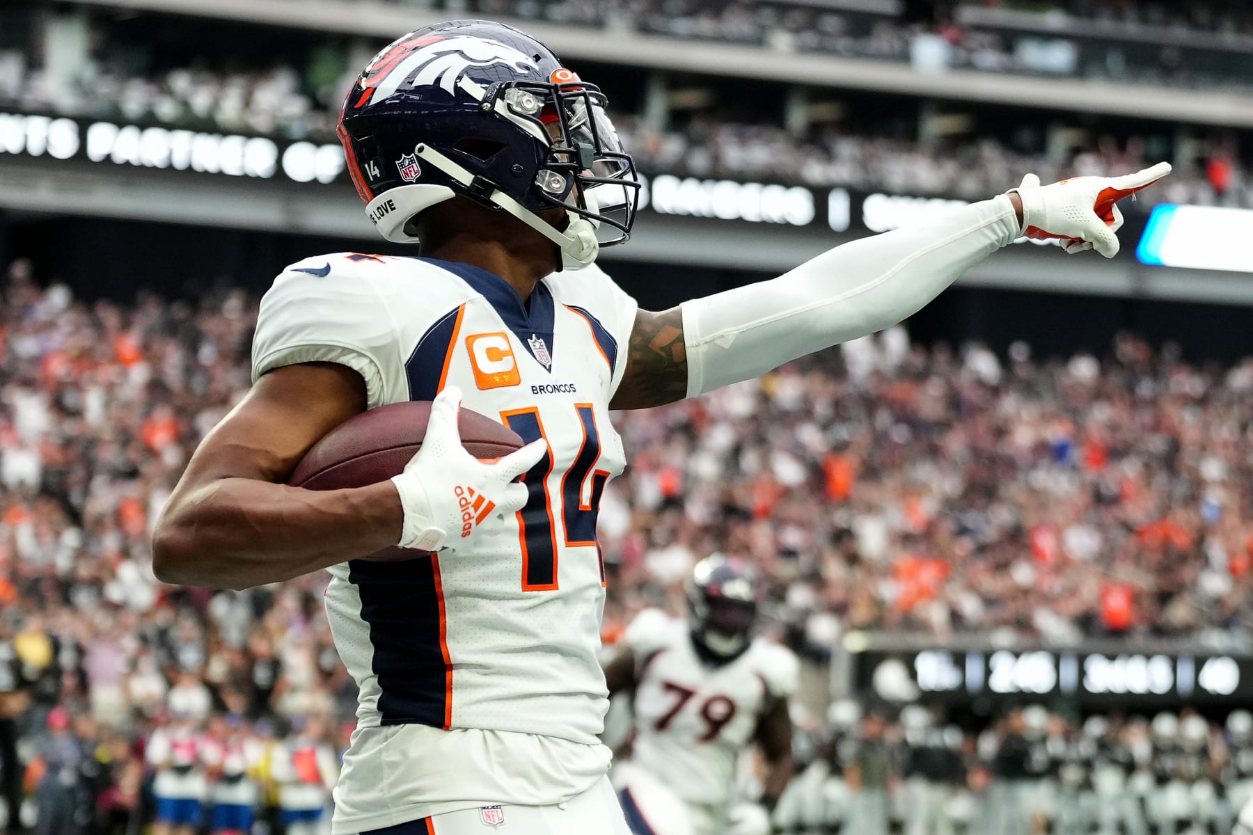LAS VEGAS, NEVADA - OCTOBER 02: Courtland Sutton #14 of the Denver Broncos celebrates after scoring a touchdown in the first quarter against the Las Vegas Raiders at Allegiant Stadium on October 02, 2022 in Las Vegas, Nevada. (Photo by Jeff Bottari/Getty Images)