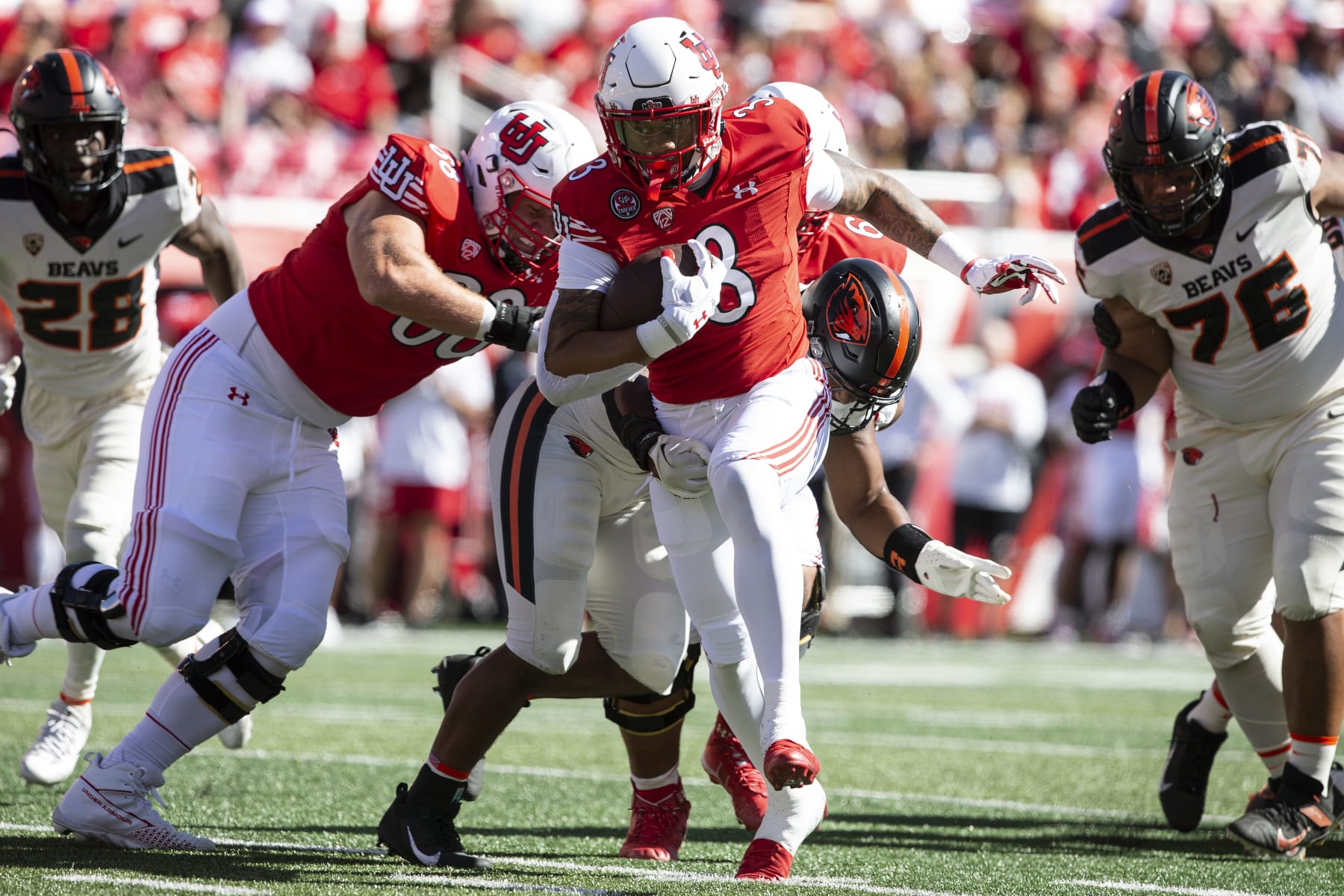 SALT LAKE CITY, UT- OCTOBER 1: JaQuinden Jackson #3 of the Utah Utes rushes the ball against the Oregon State Beavers during the second half of their game October 1, 2022 at Rice-Eccles Stadium in Salt Lake City, Utah. (Photo by Chris Gardner/ Getty Images)