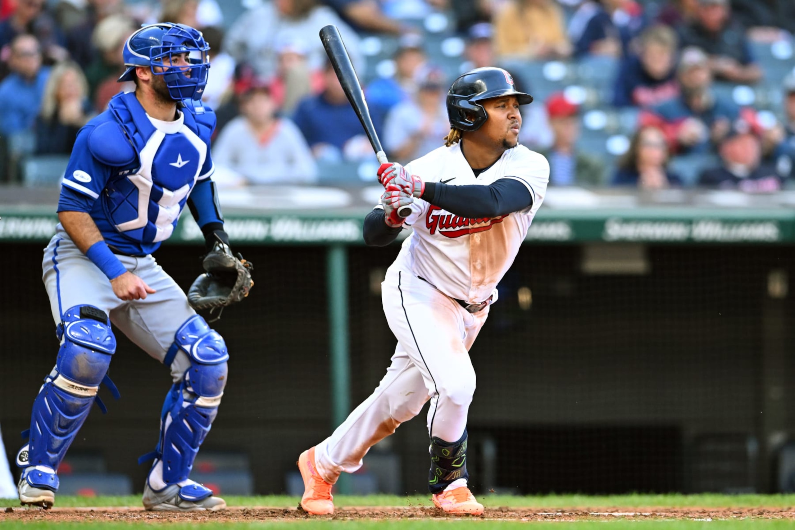 CLEVELAND, OHIO - OCTOBER 05: Jose Ramirez #11 of the Cleveland Guardians hits a single during the sixth inning against the Kansas City Royals at Progressive Field on October 05, 2022 in Cleveland, Ohio. (Photo by Jason Miller/Getty Images)