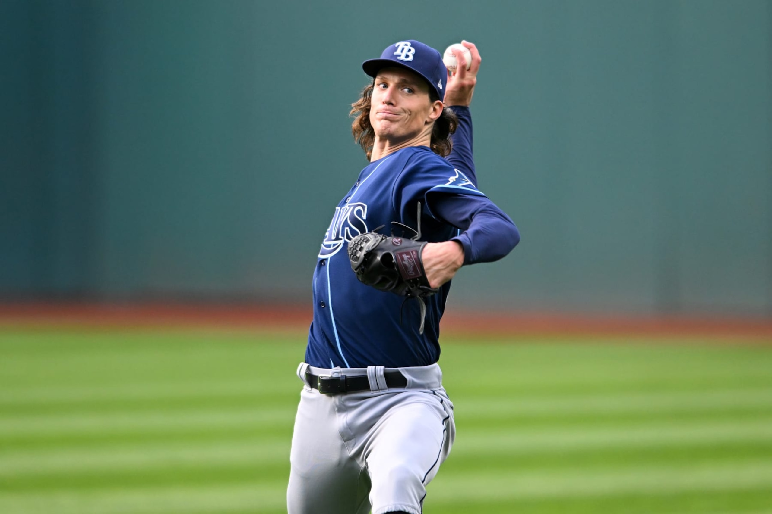 CLEVELAND, OH - SEPTEMBER 28: Tyler Glasnow #20 of the Tampa Bay Rays warms up prior to a game against the Cleveland Guardians at Progressive Field on September 28, 2022 in Cleveland, Ohio. (Photo by Nick Cammett/Diamond Images via Getty Images)