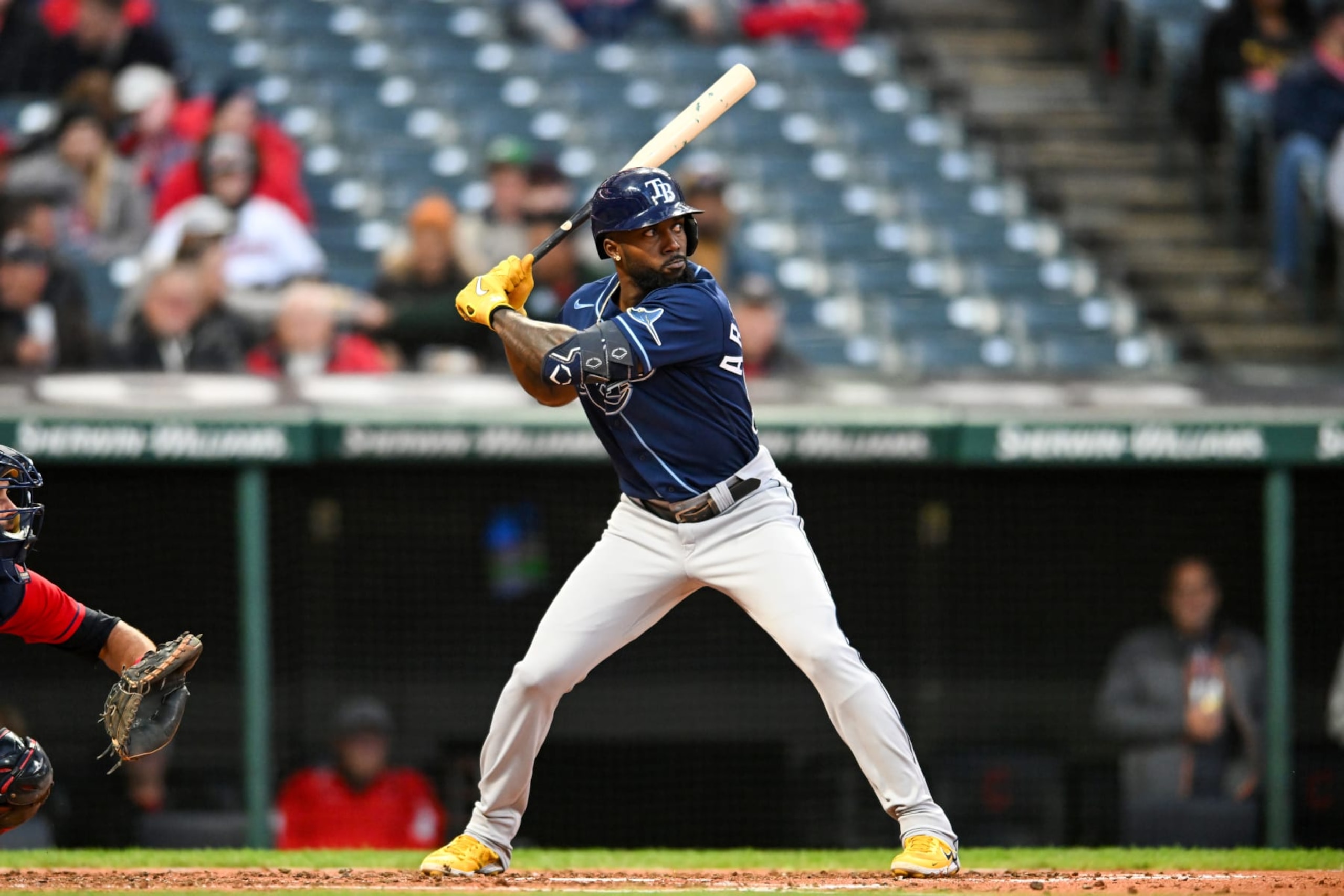 CLEVELAND, OH - SEPTEMBER 28: Randy Arozarena #56 of the Tampa Bay Rays bats during the third inning against the Cleveland Guardians at Progressive Field on September 28, 2022 in Cleveland, Ohio. (Photo by Nick Cammett/Diamond Images via Getty Images)