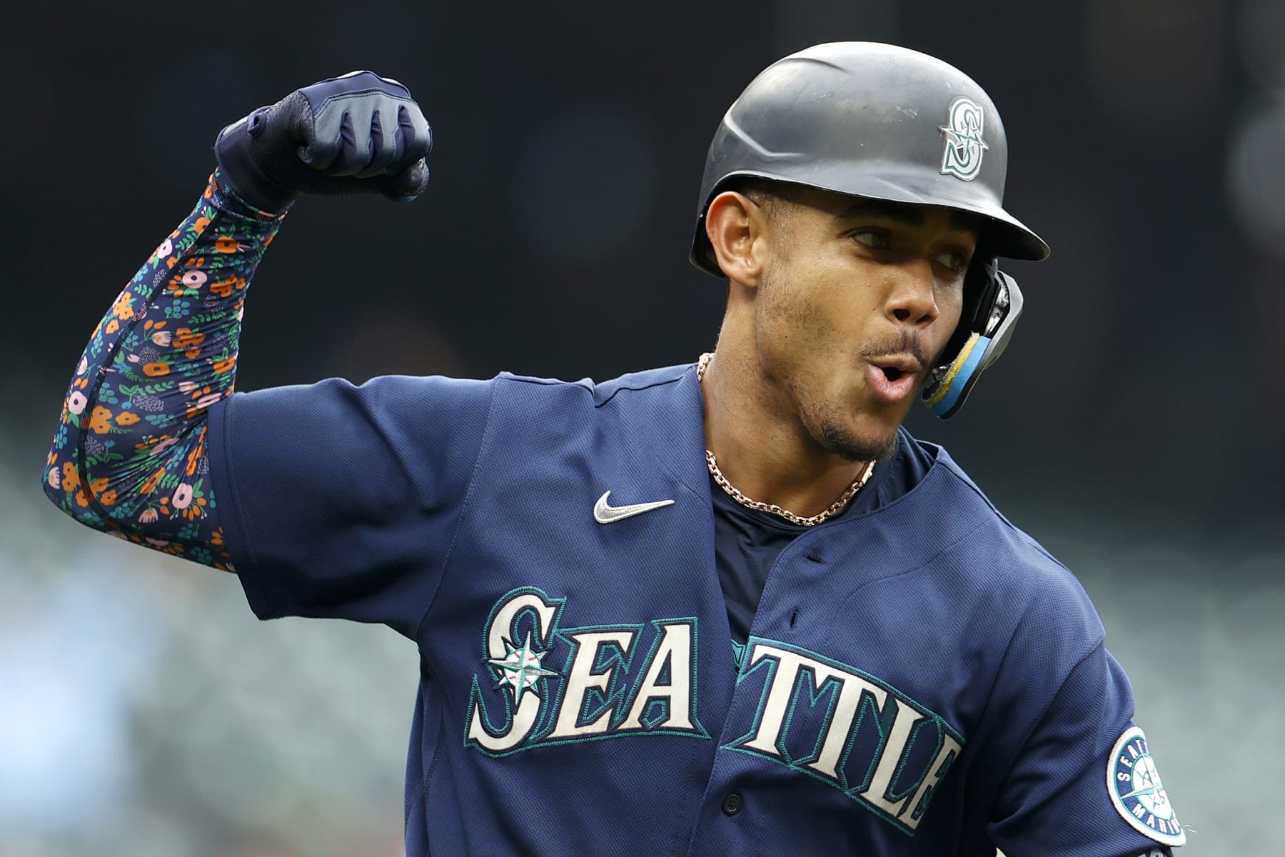 SEATTLE, WASHINGTON - OCTOBER 05: Julio Rodriguez #44 of the Seattle Mariners celebrates his home run during the first inning against the Detroit Tigers at T-Mobile Park on October 05, 2022 in Seattle, Washington. (Photo by Steph Chambers/Getty Images)