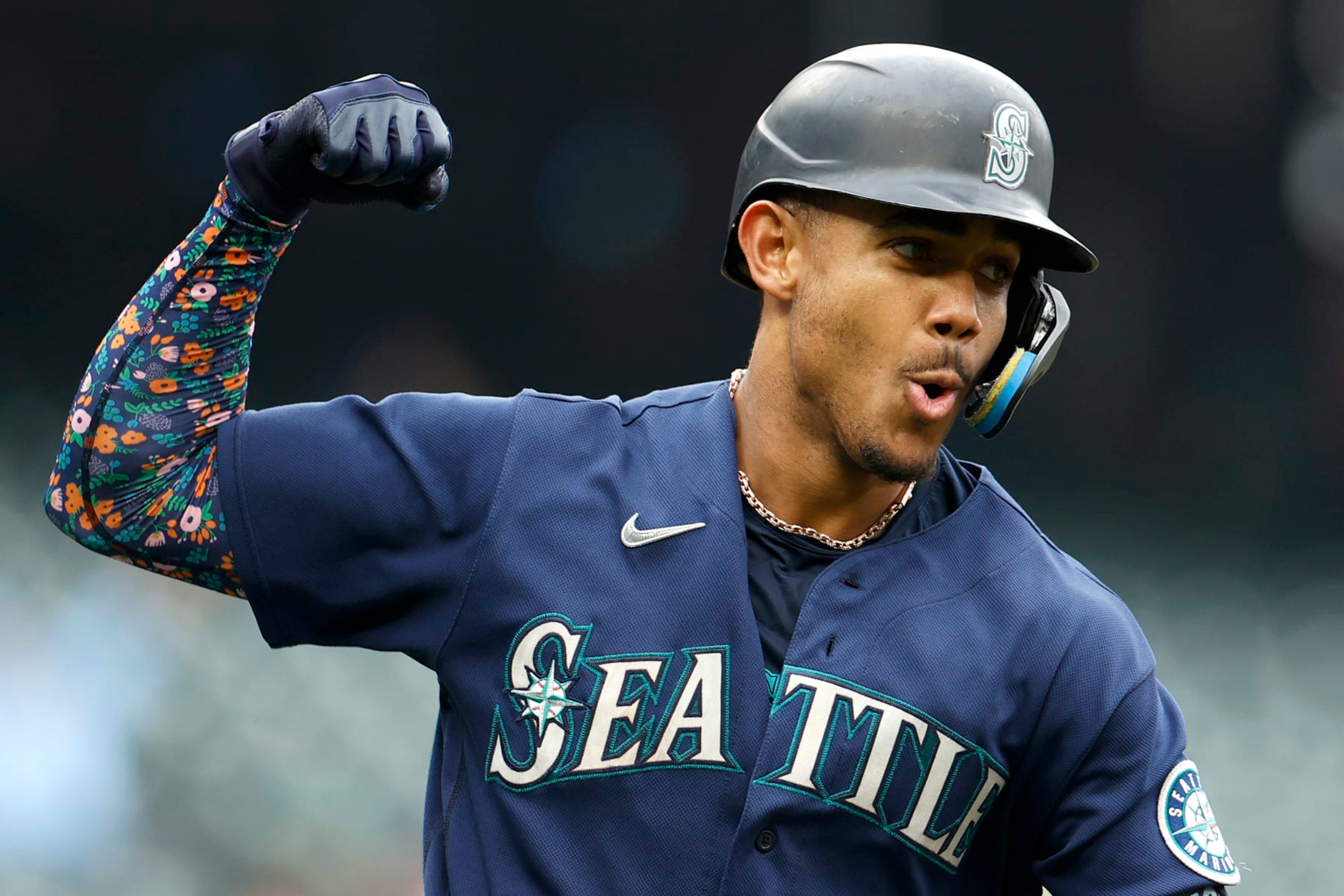 SEATTLE, WASHINGTON - OCTOBER 05: Julio Rodriguez #44 of the Seattle Mariners celebrates his home run during the first inning against the Detroit Tigers at T-Mobile Park on October 05, 2022 in Seattle, Washington. (Photo by Steph Chambers/Getty Images)