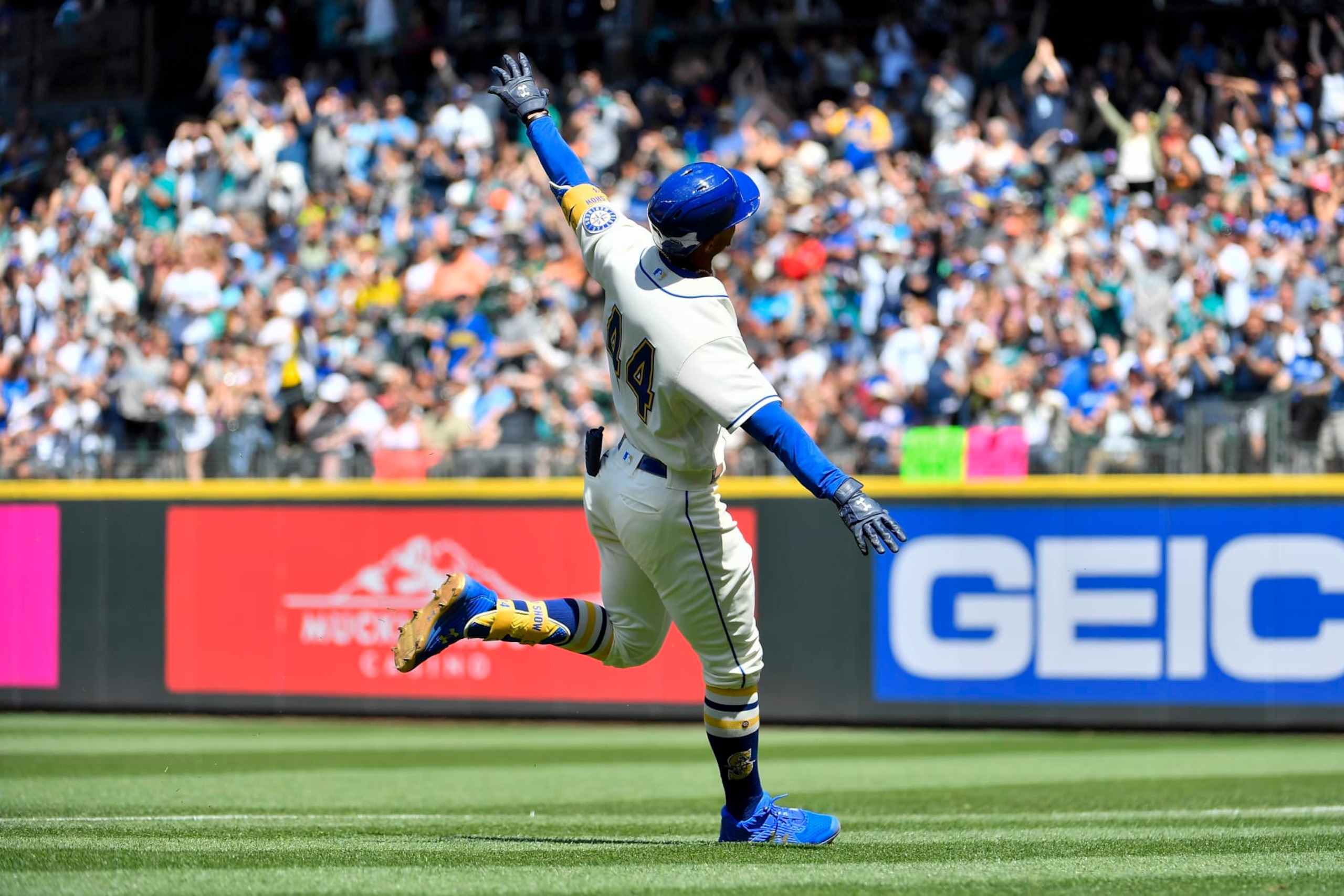 SEATTLE, WASHINGTON - JULY 10: Julio Rodriguez #44 of the Seattle Mariners celebrates after hitting a one run single and advances a runner during the fifth inning against the Toronto Blue Jays at T-Mobile Park on July 10, 2022 in Seattle, Washington. (Photo by Alika Jenner/Getty Images)