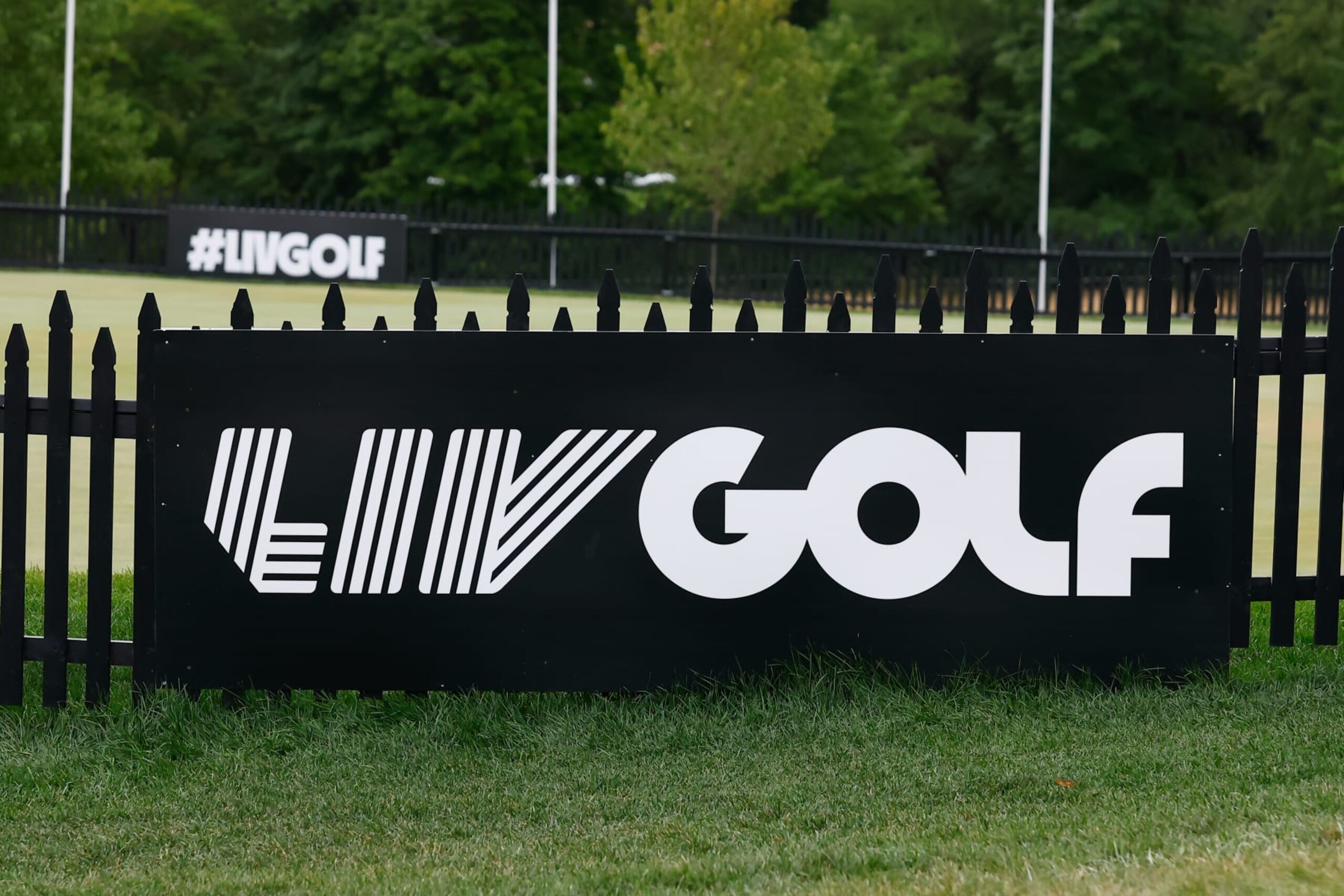 BEDMINSTER, NJ - JULY 29:  A general view of the LIV GOLF logo during round 1 of the LIV Golf Invitational Series on July 29, 2022 at Trump National Golf Club in Bedminster, New Jersey.  (Photo by Rich Graessle/Icon Sportswire via Getty Images)
