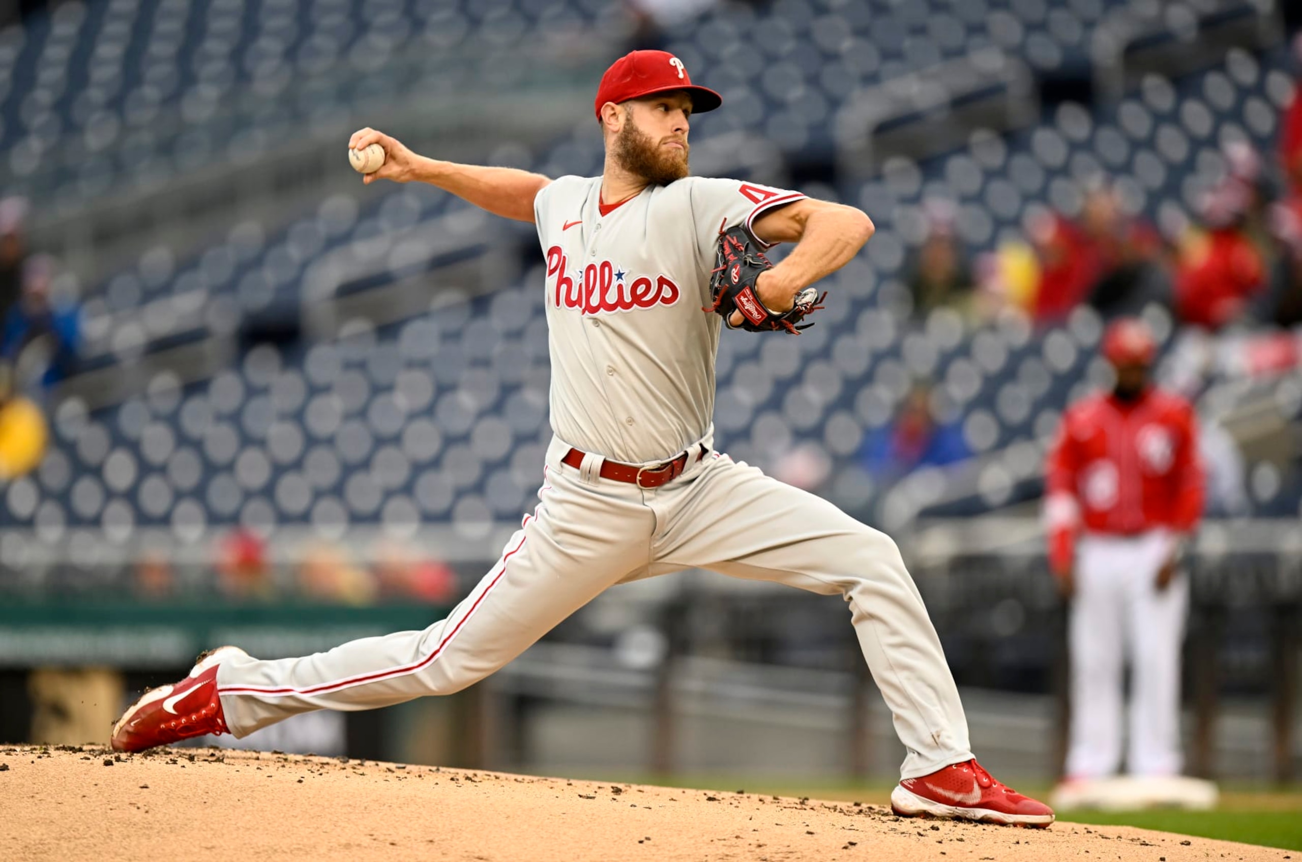 WASHINGTON, DC - OCTOBER 02: Zack Wheeler #45 of the Philadelphia Phillies pitches in the first inning against the Washington Nationals at Nationals Park on October 02, 2022 in Washington, DC. (Photo by Greg Fiume/Getty Images)
