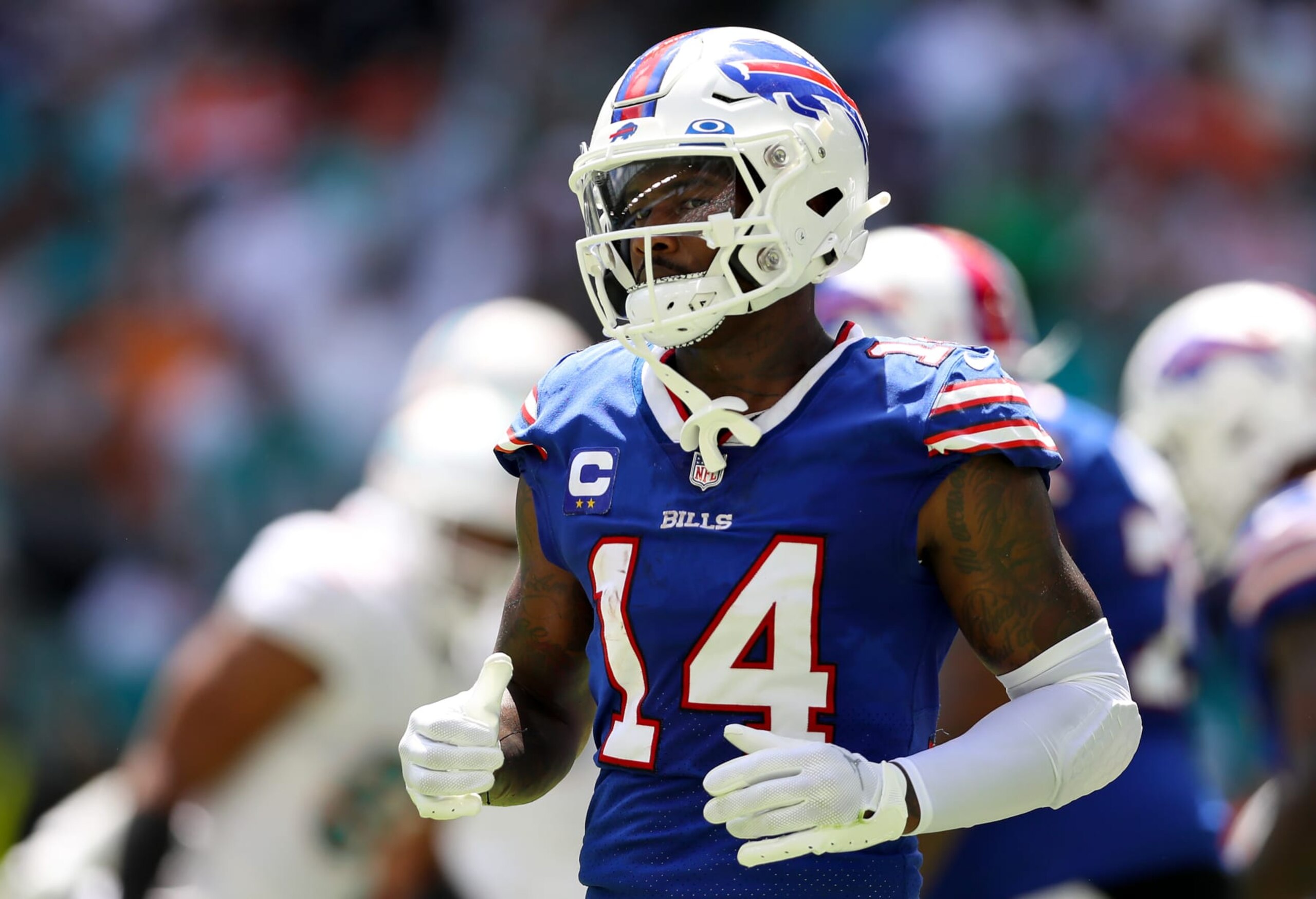 MIAMI GARDENS, FLORIDA - SEPTEMBER 25: Stefon Diggs #14 of the Buffalo Bills looks on during the first half against the Miami Dolphins at Hard Rock Stadium on September 25, 2022 in Miami Gardens, Florida. (Photo by Megan Briggs/Getty Images)