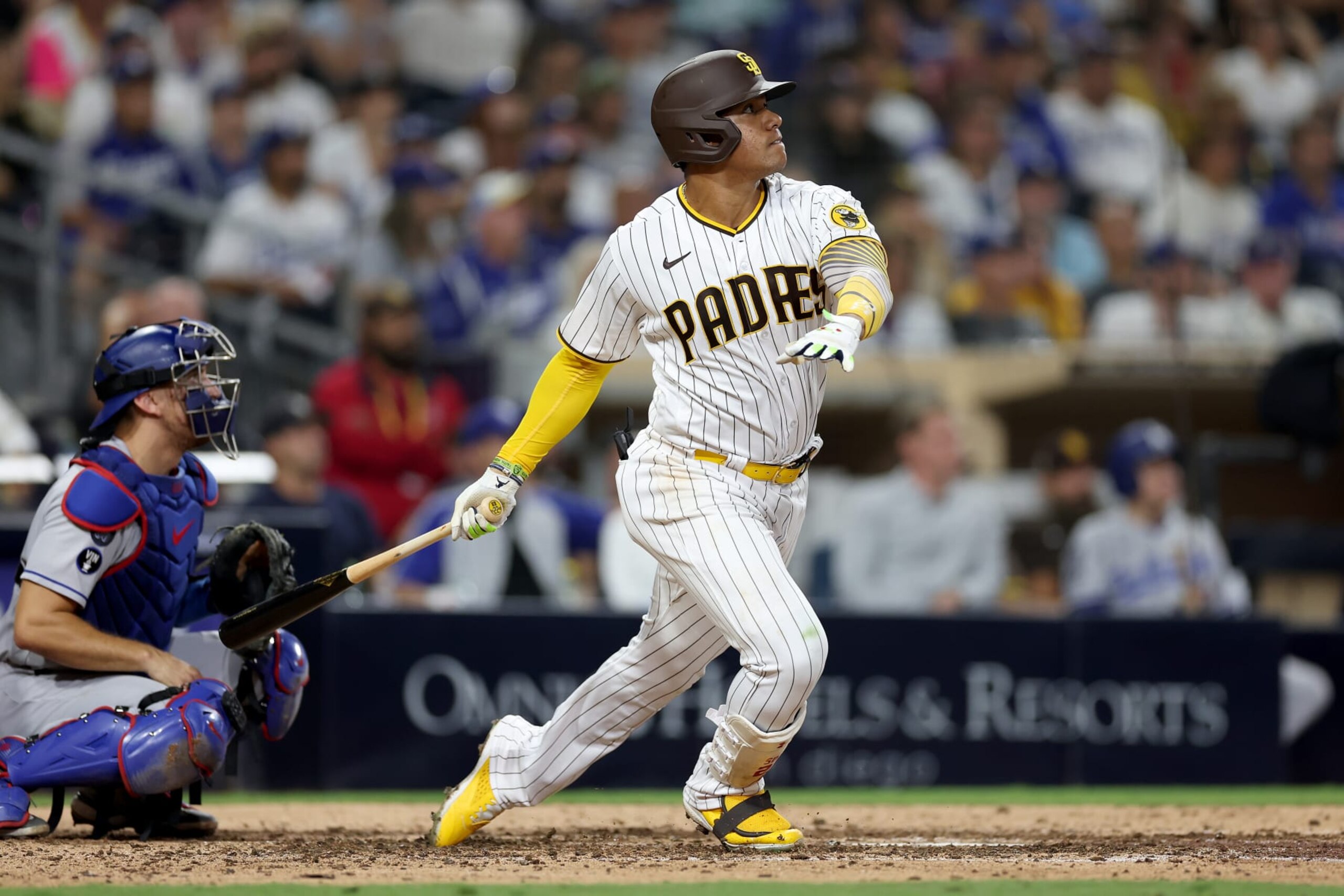 SAN DIEGO, CALIFORNIA - SEPTEMBER 29: Juan Soto #22 of the San Diego Padres at bat during a game against the Los Angeles Dodgers at PETCO Park on September 29, 2022 in San Diego, California. (Photo by Sean M. Haffey/Getty Images)