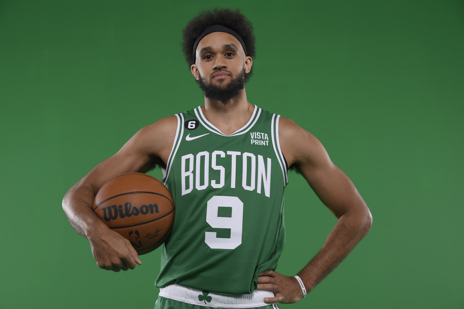 CANTON, MA - SEPTEMBER 26: Derrick White #9 of the Boston Celtics poses for a portrait on September 26, 2022 at High Output Studios in Canton, Massachusetts.  NOTE TO USER: User expressly acknowledges and agrees that, by downloading and or using this photograph, User is consenting to the terms and conditions of the Getty Images License Agreement. Mandatory Copyright Notice: Copyright 2022 NBAE  (Photo by Brian Babineau/NBAE via Getty Images)