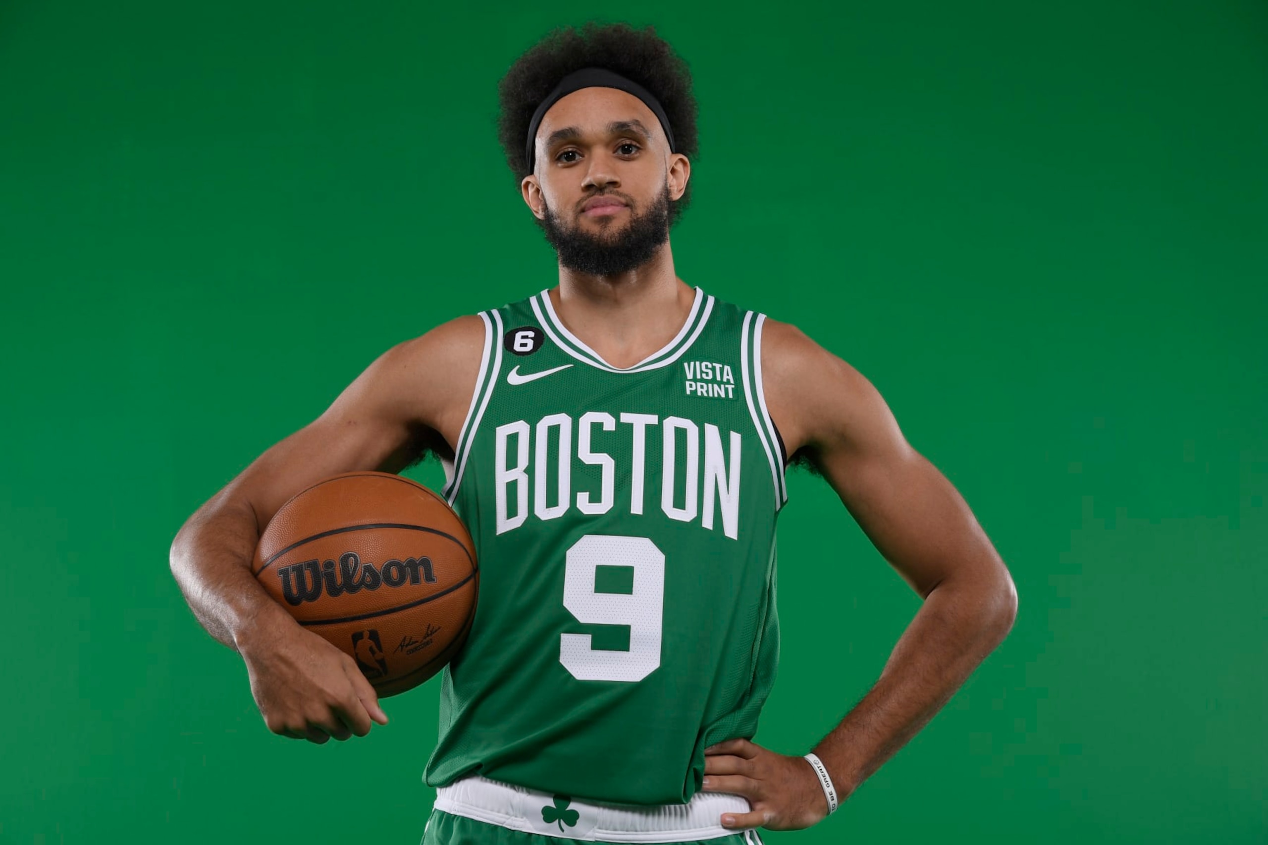 CANTON, MA - SEPTEMBER 26: Derrick White #9 of the Boston Celtics poses for a portrait on September 26, 2022 at High Output Studios in Canton, Massachusetts.  NOTE TO USER: User expressly acknowledges and agrees that, by downloading and or using this photograph, User is consenting to the terms and conditions of the Getty Images License Agreement. Mandatory Copyright Notice: Copyright 2022 NBAE  (Photo by Brian Babineau/NBAE via Getty Images)