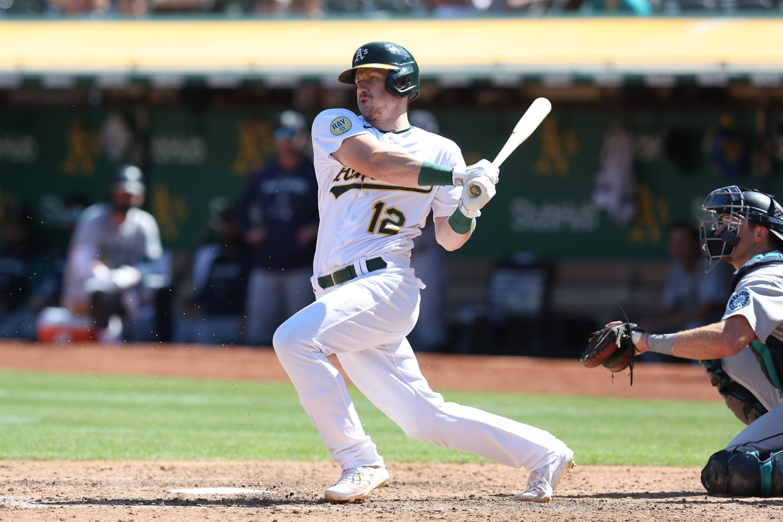 OAKLAND, CALIFORNIA - SEPTEMBER 22: Sean Murphy #12 of the Oakland Athletics at bat against the Seattle Mariners at RingCentral Coliseum on September 22, 2022 in Oakland, California. (Photo by Lachlan Cunningham/Getty Images) OAKLAND, CALIFORNIA - SEPTEMBER 22: Sean Murphy #12 of the Oakland Athletics at bat against the Seattle Mariners at RingCentral Coliseum on September 22, 2022 in Oakland, California. (Photo by Lachlan Cunningham/Getty Images)