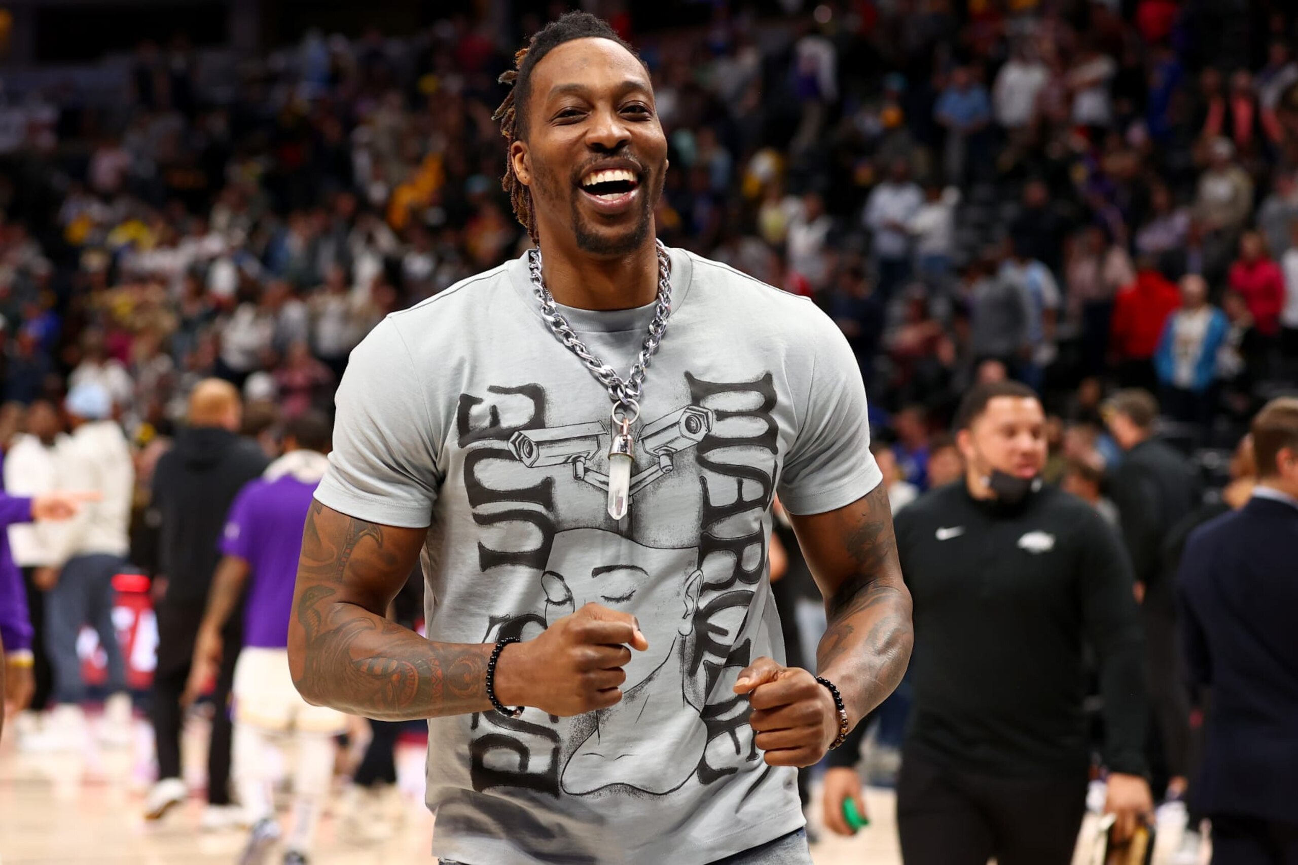 DENVER, CO - APRIL 10: Dwight Howard #39 of the Los Angeles Lakers celebrates their victory over the Denver Nuggets at Ball Arena on April 10, 2022 in Denver, Colorado. NOTE TO USER: User expressly acknowledges and agrees that, by downloading and/or using this Photograph, user is consenting to the terms and conditions of the Getty Images License Agreement. (Photo by Jamie Schwaberow/Getty Images)