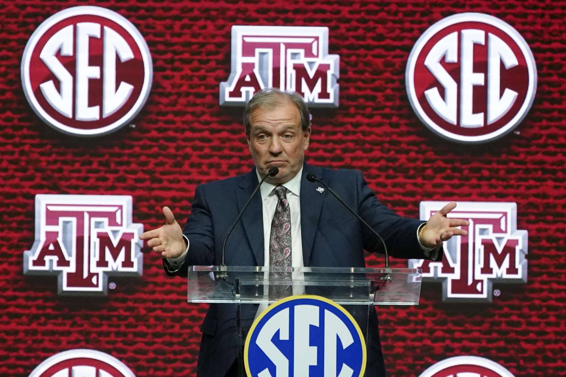 Texas A&M head coach Jimbo Fisher speaks during NCAA college football Southeastern Conference Media Days, Thursday, July 21, 2022, in Atlanta. (AP Photo/John Bazemore)