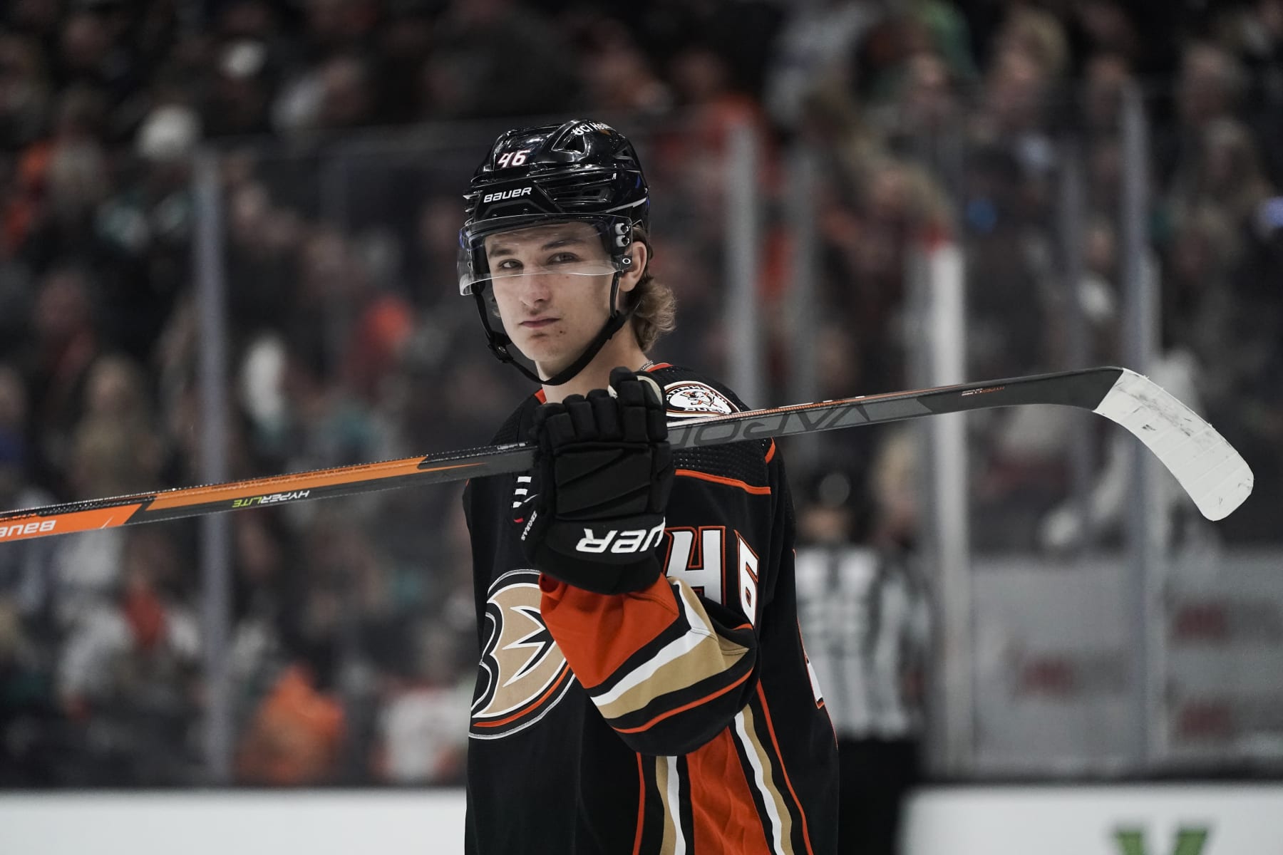 Anaheim Ducks' Trevor Zegras skates during the first period of an NHL hockey game against the St. Louis Blues Sunday, April 24, 2022, in Anaheim, Calif. (AP Photo/Jae C. Hong)