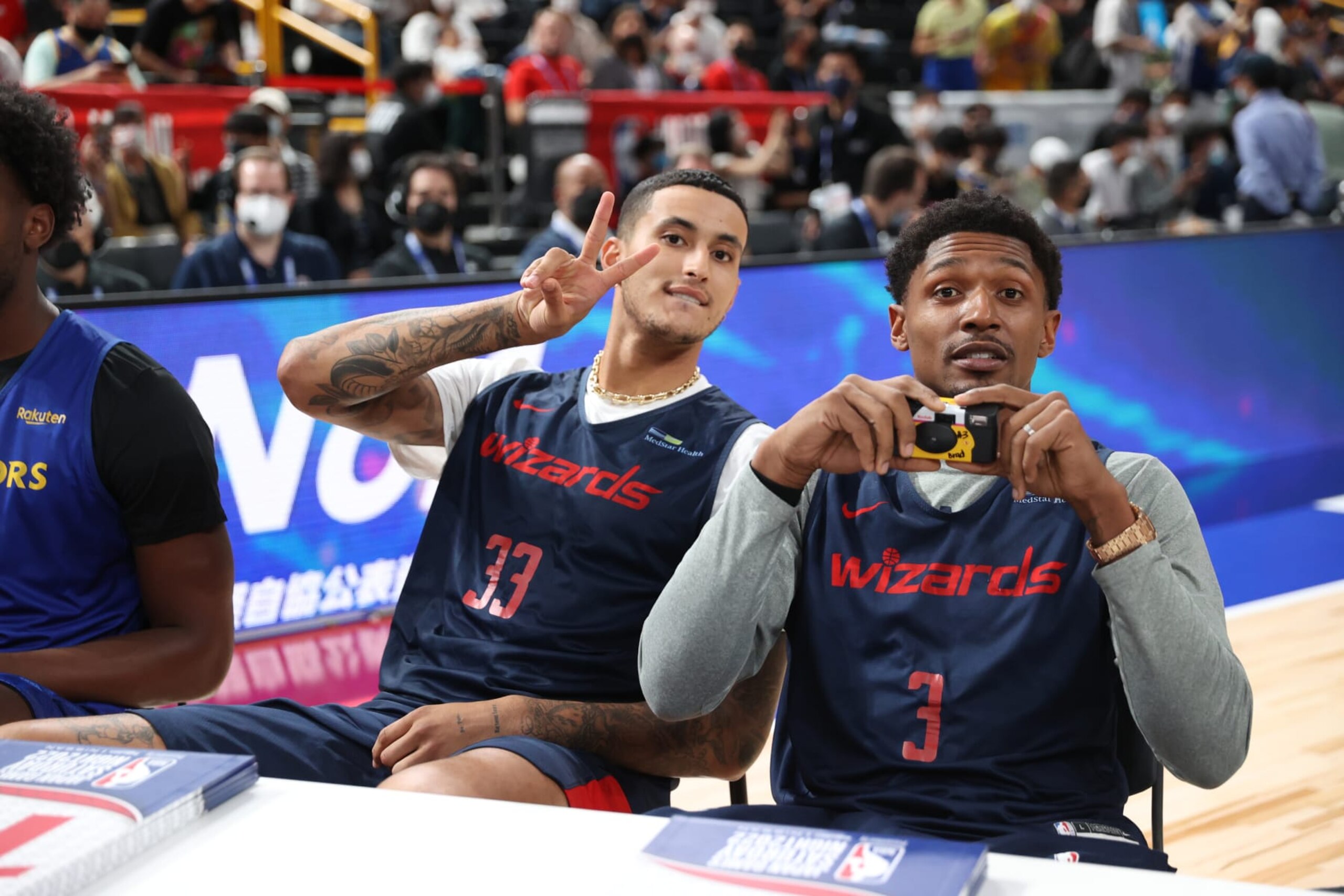 SAITAMA, JAPAN - OCTOBER 1: Kyle Kuzma and Bradley Beal of the Washington Wizards during the NBA Japan Games 2022 Saturday Night presented by Rakuten and Nissan at Saitama Super Arena on October 1, 2022 in Saitama, Japan. NOTE TO USER: User expressly acknowledges and agrees that, by downloading and/or using this Photograph, user is consenting to the terms and conditions of the Getty Images License Agreement. Mandatory Copyright Notice: Copyright 2022 NBAE (Photo by Stephen Gosling/NBAE via Getty Images)
