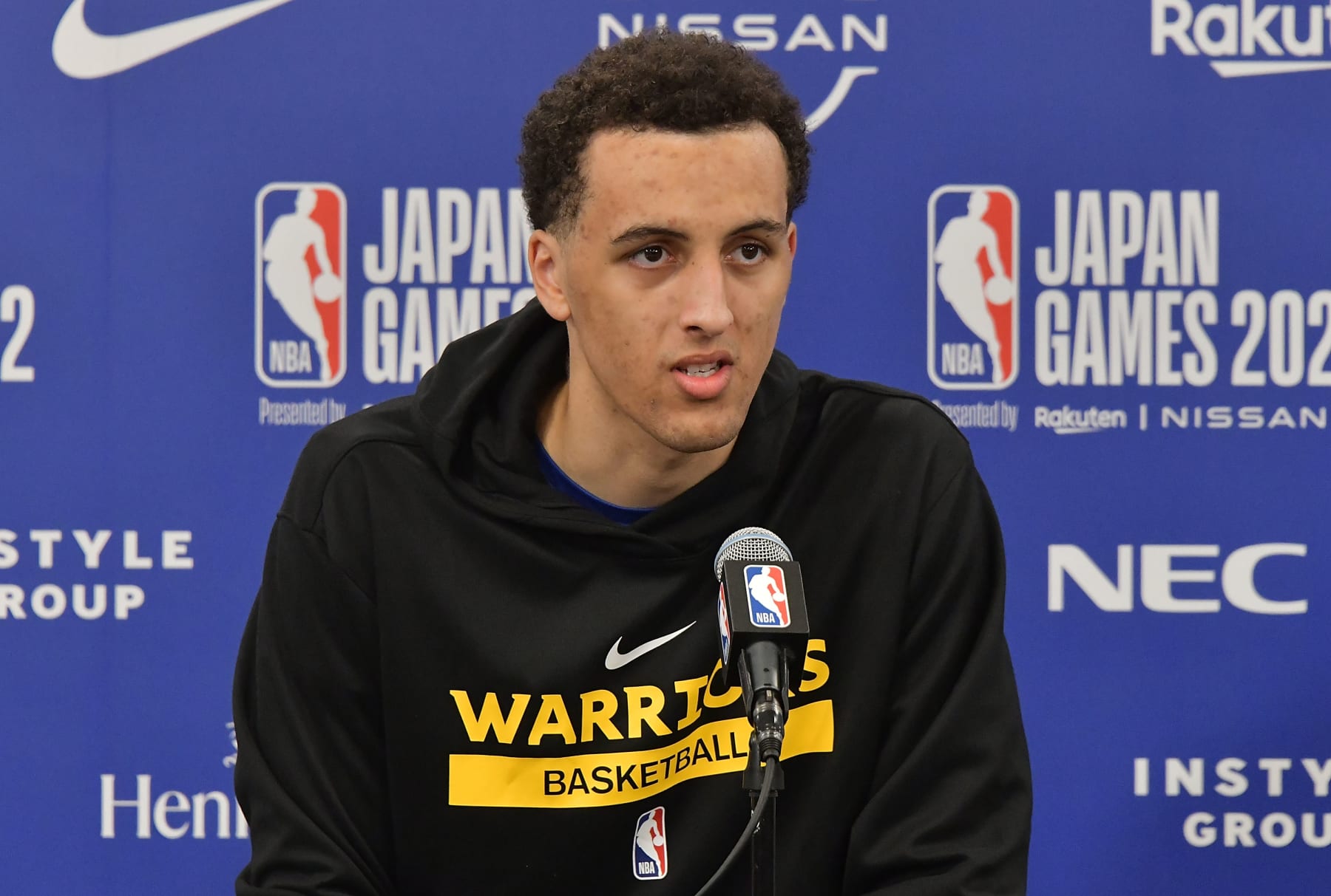 SAITAMA, JAPAN - OCTOBER 02:  Patrick Baldwin Jr. #7 of the Golden State Warriors attends the press conference during the Washington Wizards v Golden State Warriors - NBA Japan Games at Saitama Super Arena on October 02, 2022 in Saitama, Japan. NOTE TO USER: User expressly acknowledges and agrees that, by downloading and or using this photograph, User is consenting to the terms and conditions of the Getty Images License Agreement.
 (Photo by Jun Sato/WireImage)