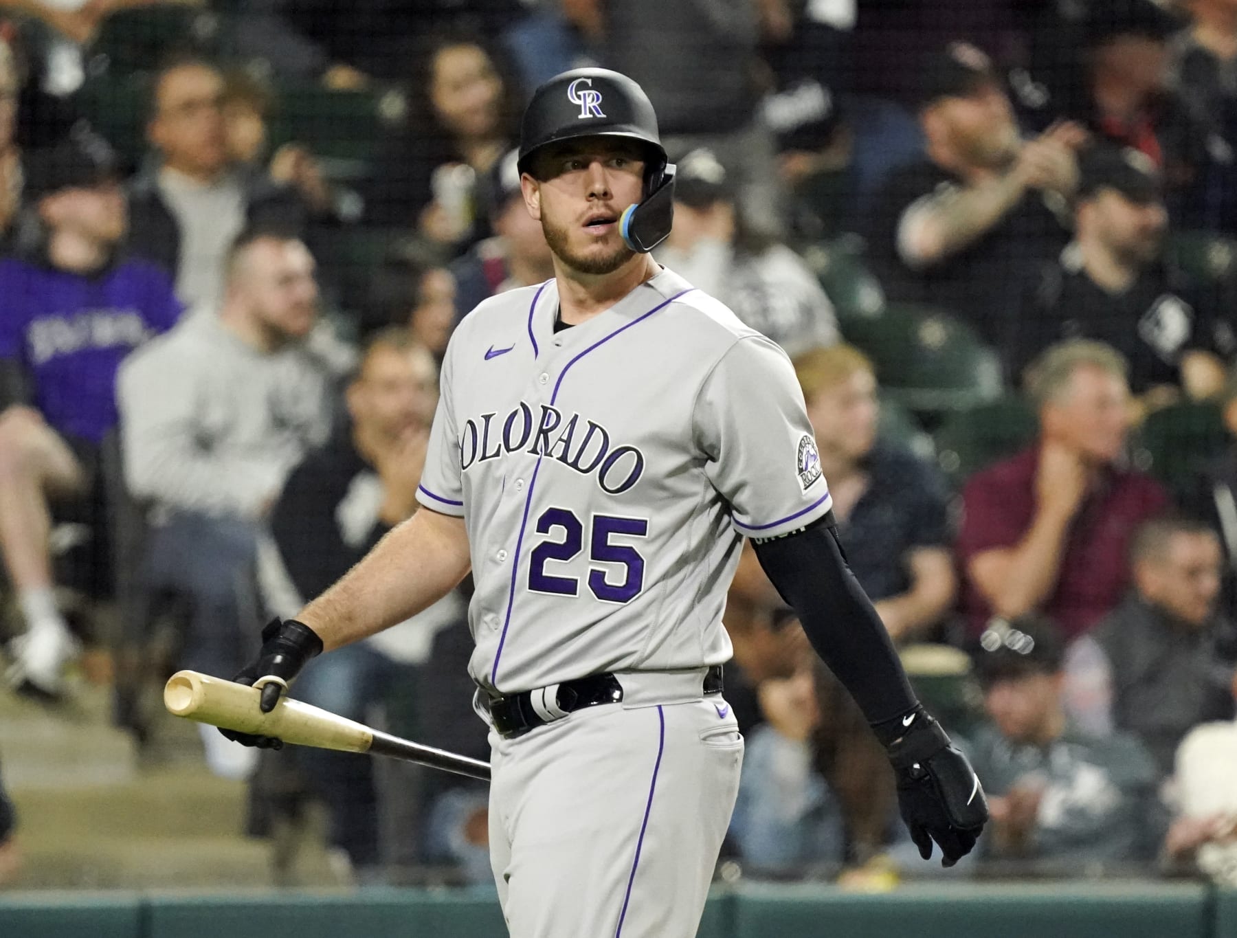 CHICAGO, ILLINOIS - SEPTEMBER 13: C.J. Cron #25 of the Colorado Rockies reacts after striking out during the eighth inning of a game against the Chicago White Sox at Guaranteed Rate Field on September 13, 2022 in Chicago, Illinois. The White Sox defeated the Rockies 4-2. (Photo by Nuccio DiNuzzo/Getty Images)
