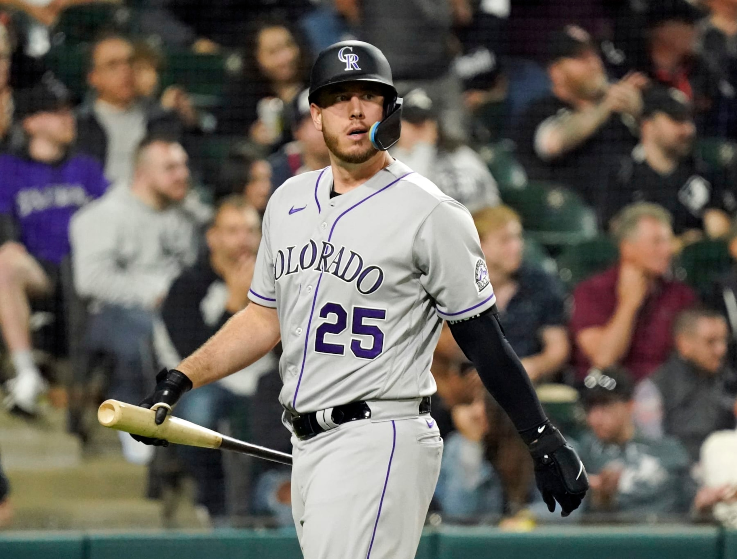CHICAGO, ILLINOIS - SEPTEMBER 13: C.J. Cron #25 of the Colorado Rockies reacts after striking out during the eighth inning of a game against the Chicago White Sox at Guaranteed Rate Field on September 13, 2022 in Chicago, Illinois. The White Sox defeated the Rockies 4-2. (Photo by Nuccio DiNuzzo/Getty Images) CHICAGO, ILLINOIS - SEPTEMBER 13: C.J. Cron #25 of the Colorado Rockies reacts after striking out during the eighth inning of a game against the Chicago White Sox at Guaranteed Rate Field on September 13, 2022 in Chicago, Illinois. The White Sox defeated the Rockies 4-2. (Photo by Nuccio DiNuzzo/Getty Images)