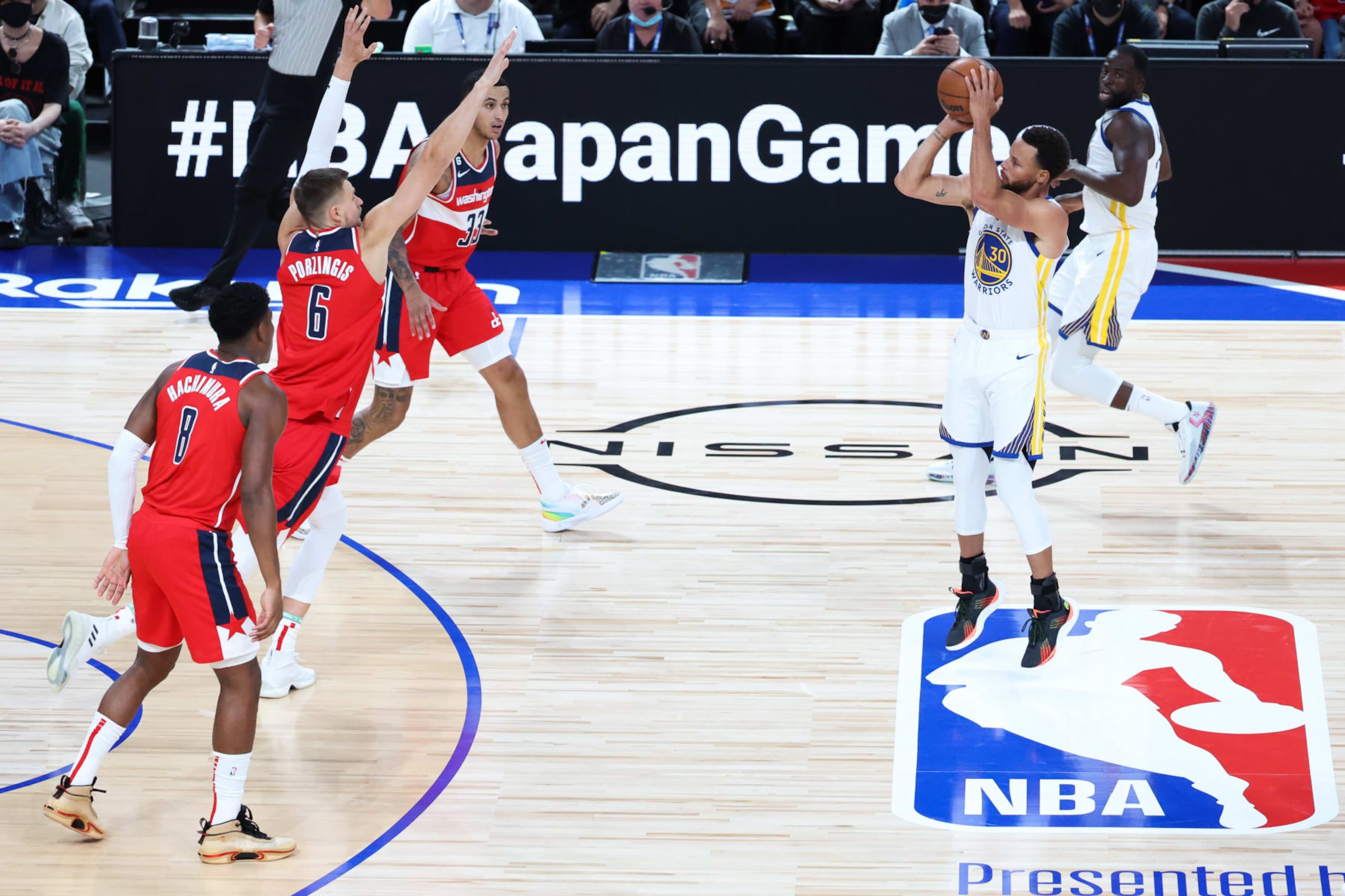 SAITAMA, JAPAN - OCTOBER 02: Stephen Curry #30 of the Golden State Warriors shoots a three pointer during the Washington Wizards v Golden State Warriors - NBA Japan Games at Saitama Super Arena on October 02, 2022 in Saitama, Japan.  NOTE TO USER: User expressly acknowledges and agrees that, by downloading and or using this Photograph, user is consenting to the terms and conditions of the Getty Images License Agreement.    (Photo by Takashi Aoyama/Getty Images)