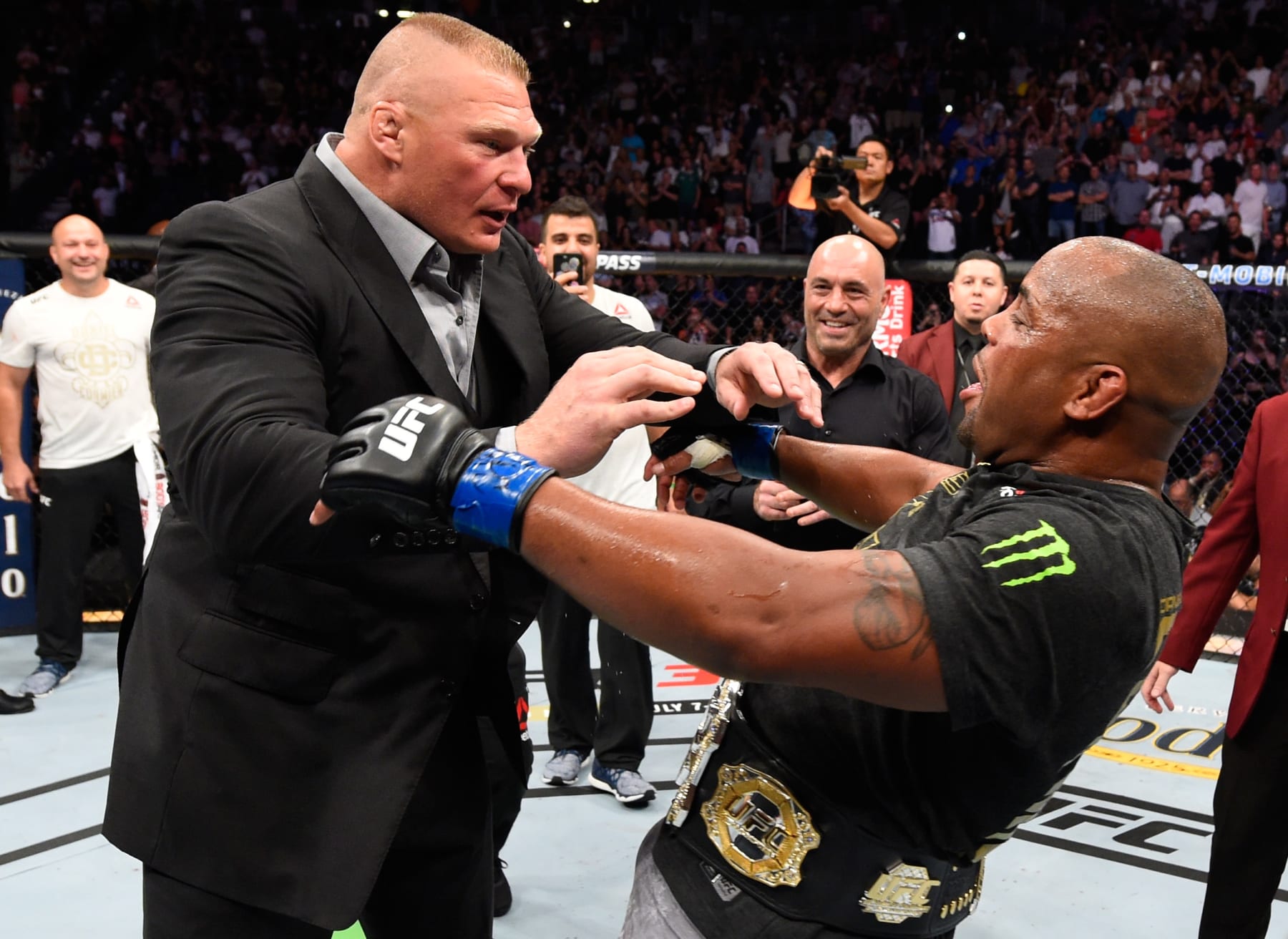 LAS VEGAS, NV - JULY 07: Brock Lesnar confronts Daniel Cormier after his UFC heavyweight championship fight during the UFC 226 event inside T-Mobile Arena on July 7, 2018 in Las Vegas, Nevada.  (Photo by Josh Hedges/Zuffa LLC/Zuffa LLC via Getty Images)