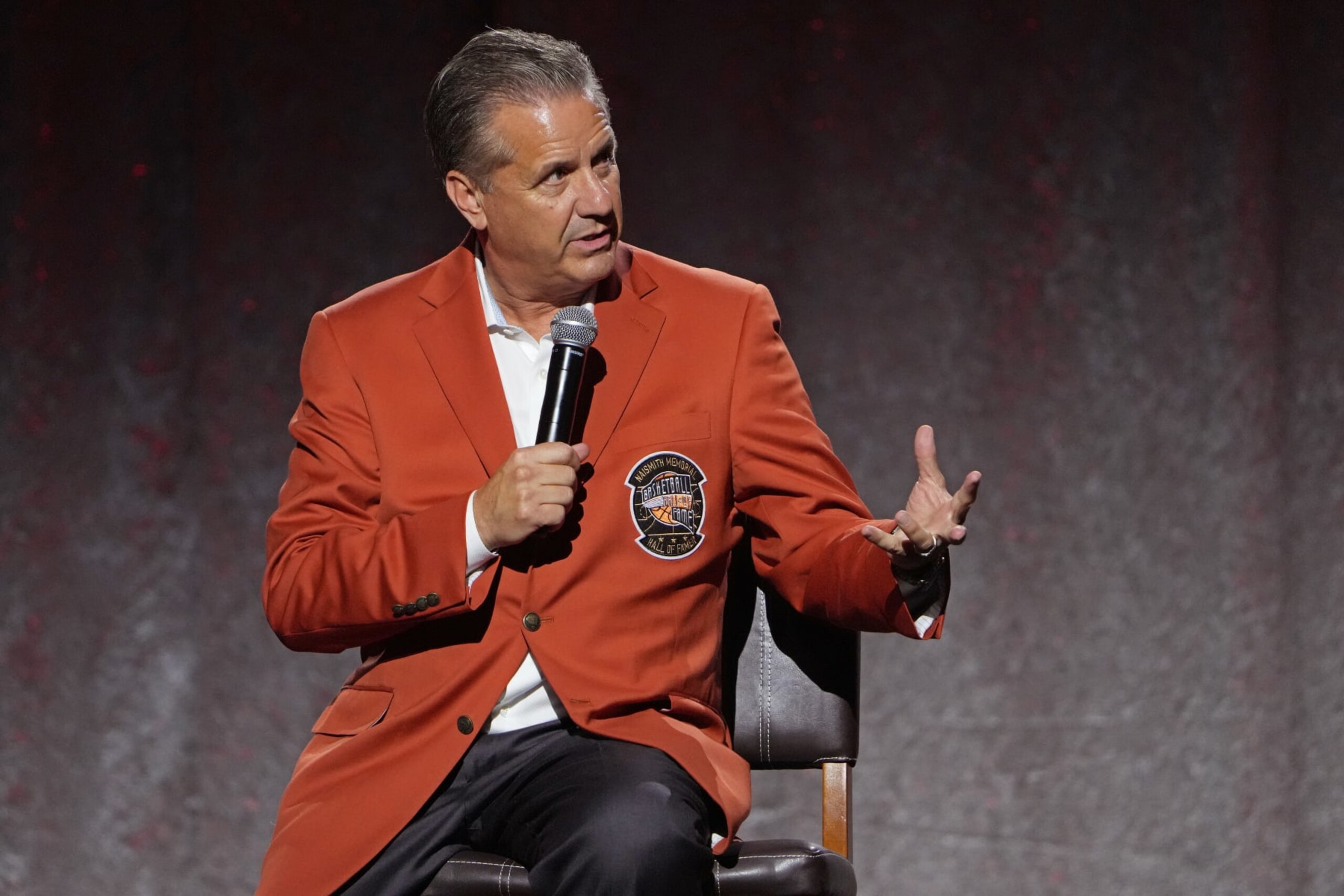 UNCASVILLE, CT - SEPTEMBER 09: John Calipari speaks on stage with The McLendon Foundation during the Class of 2022 Tip-Off Celebration and Awards Gala as part of the 2022 Basketball Hall of Fame Enshrinement Ceremony on September 9, 2022 at the Mohegan Sun Arena at Mohegan Sun in Uncasville, Connecticut. NOTE TO USER: User expressly acknowledges and agrees that, by downloading and/or using this photograph, user is consenting to the terms and conditions of the Getty Images License Agreement. Mandatory Copyright Notice: Copyright 2022 NBAE (Photo by Jesse D. Garrabrant/NBAE via Getty Images) UNCASVILLE, CT - SEPTEMBER 09: John Calipari speaks on stage with The McLendon Foundation during the Class of 2022 Tip-Off Celebration and Awards Gala as part of the 2022 Basketball Hall of Fame Enshrinement Ceremony on September 9, 2022 at the Mohegan Sun Arena at Mohegan Sun in Uncasville, Connecticut. NOTE TO USER: User expressly acknowledges and agrees that, by downloading and/or using this photograph, user is consenting to the terms and conditions of the Getty Images License Agreement. Mandatory Copyright Notice: Copyright 2022 NBAE (Photo by Jesse D. Garrabrant/NBAE via Getty Images)