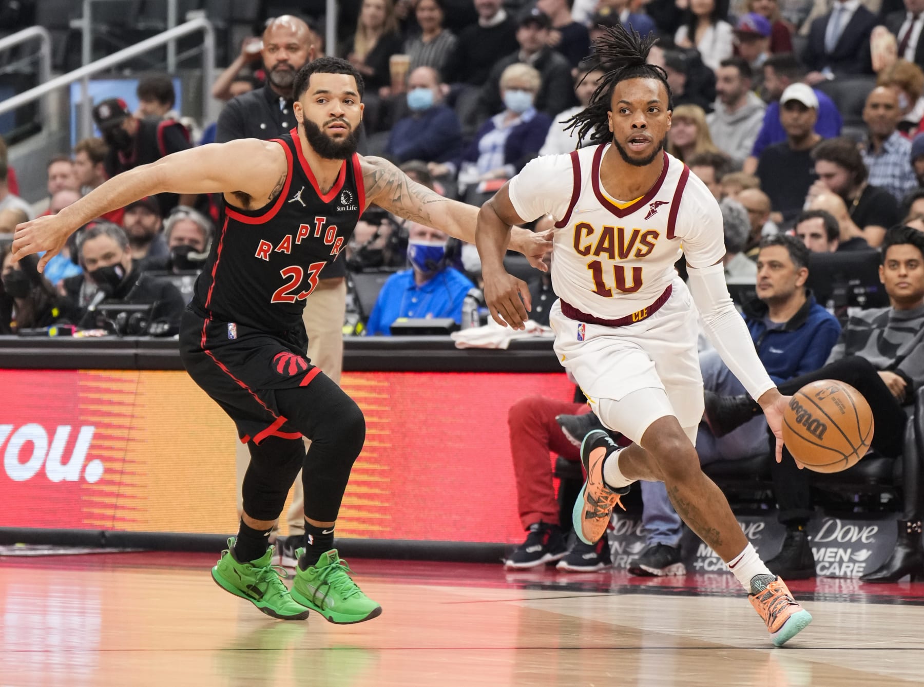 TORONTO, ON - MARCH 24: Darius Garland #10 of the Cleveland Cavaliers drives against Fred VanVleet #23 of the Toronto Raptors during the first half of their basketball game at the Scotiabank Arena on March 24, 2022 in Toronto, Ontario, Canada. NOTE TO USER: User expressly acknowledges and agrees that, by downloading and/or using this Photograph, user is consenting to the terms and conditions of the Getty Images License Agreement. (Photo by Mark Blinch/Getty Images)
