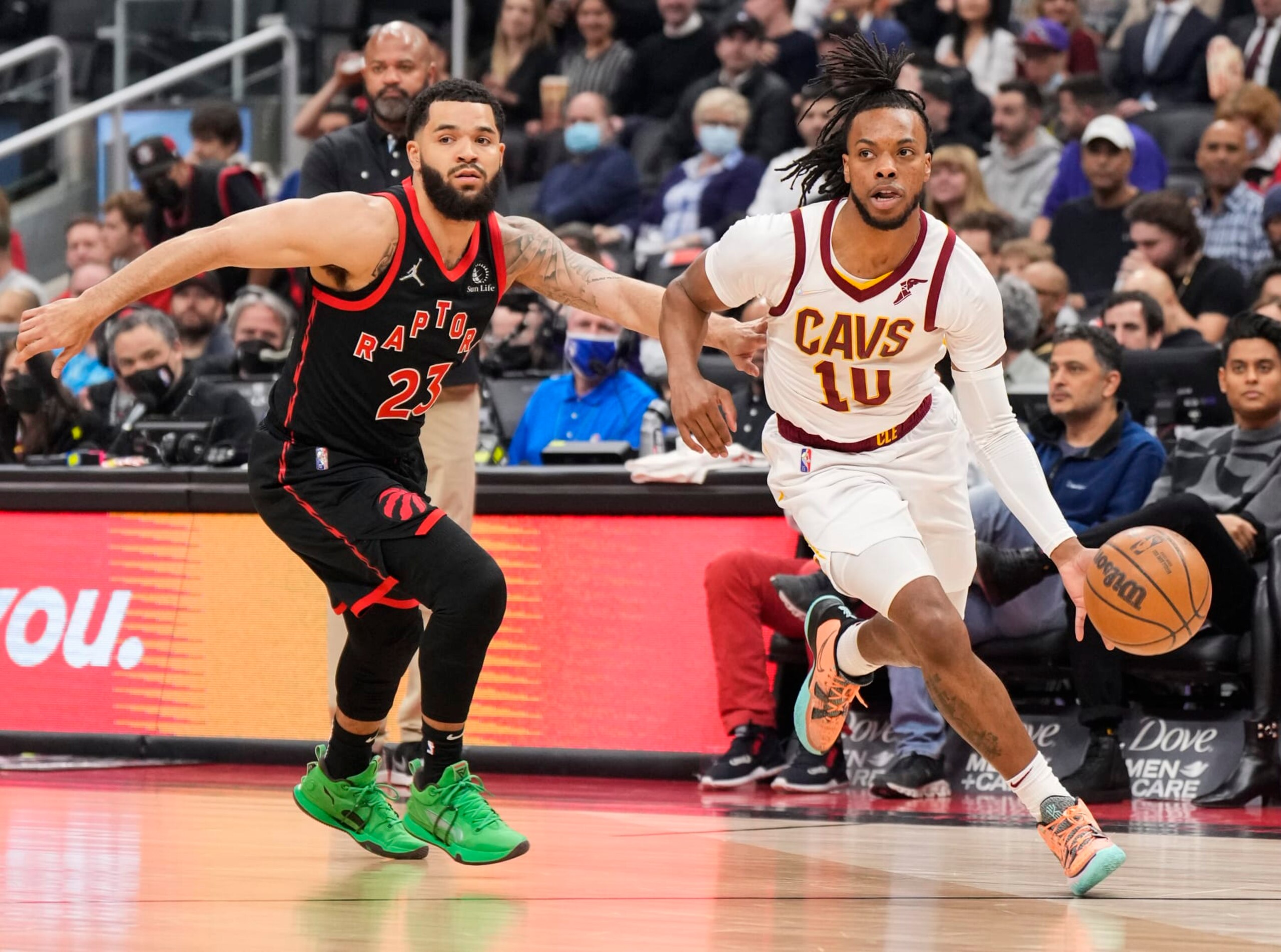 TORONTO, ON - MARCH 24: Darius Garland #10 of the Cleveland Cavaliers drives against Fred VanVleet #23 of the Toronto Raptors during the first half of their basketball game at the Scotiabank Arena on March 24, 2022 in Toronto, Ontario, Canada. NOTE TO USER: User expressly acknowledges and agrees that, by downloading and/or using this Photograph, user is consenting to the terms and conditions of the Getty Images License Agreement. (Photo by Mark Blinch/Getty Images) TORONTO, ON - MARCH 24: Darius Garland #10 of the Cleveland Cavaliers drives against Fred VanVleet #23 of the Toronto Raptors during the first half of their basketball game at the Scotiabank Arena on March 24, 2022 in Toronto, Ontario, Canada. NOTE TO USER: User expressly acknowledges and agrees that, by downloading and/or using this Photograph, user is consenting to the terms and conditions of the Getty Images License Agreement. (Photo by Mark Blinch/Getty Images)