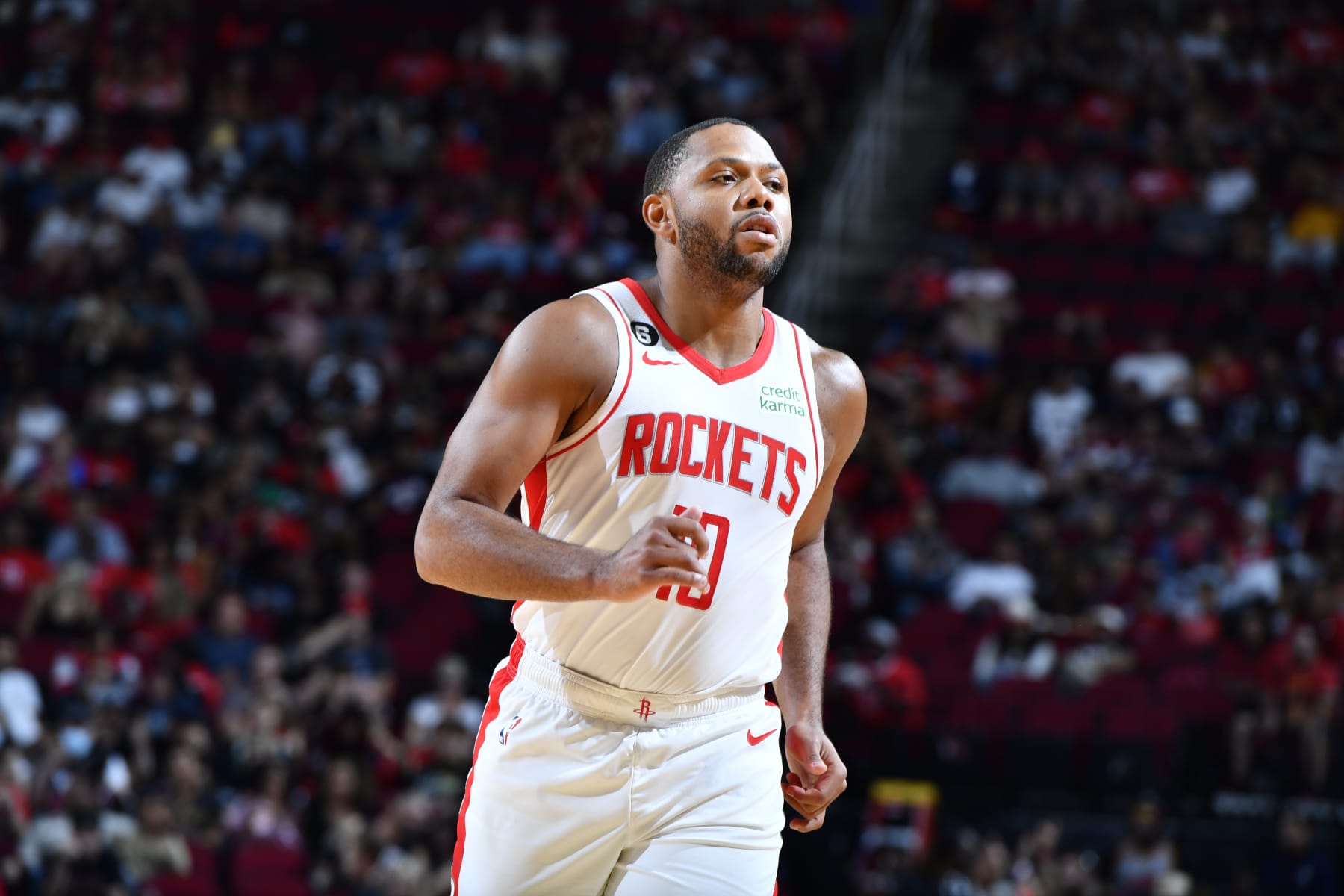 HOUSTON, TX - OCTOBER 2: Eric Gordon #10 of the Houston Rockets runs on to the court during a preseason game against the San Antonio Spurs on October 2, 2022 at the Toyota Center in Houston, Texas. NOTE TO USER: User expressly acknowledges and agrees that, by downloading and or using this photograph, User is consenting to the terms and conditions of the Getty Images License Agreement. Mandatory Copyright Notice: Copyright 2022 NBAE (Photo by Logan Riely/NBAE via Getty Images)