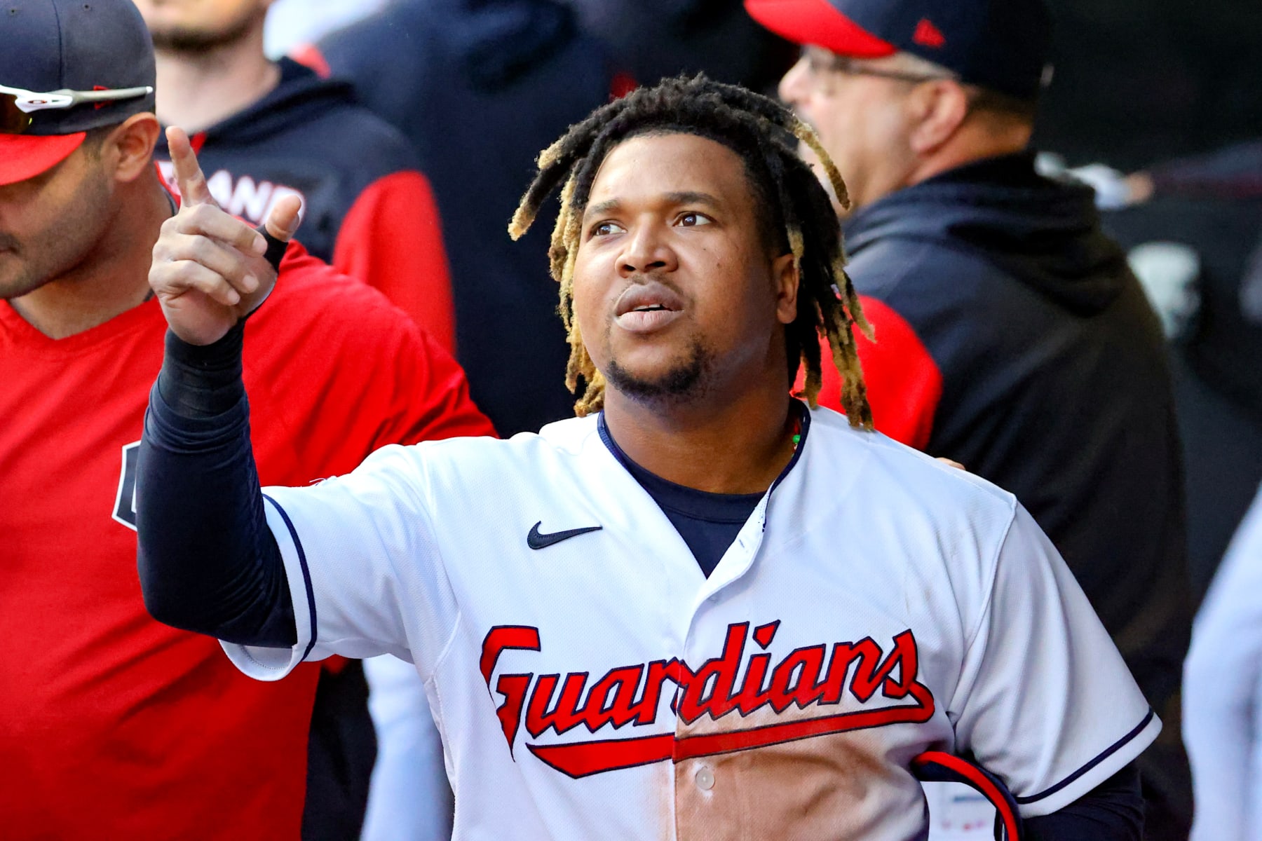 CLEVELAND, OH - OCTOBER 05: Cleveland Guardians third baseman Jose Ramirez (11)is congratulated in the dugout after being removed from the game during the eighth inning of the Major League Baseball game between the Kansas City Royals and Cleveland Guardians on October 5, 2022, at Progressive Field in Cleveland, OH. (Photo by Frank Jansky/Icon Sportswire via Getty Images)