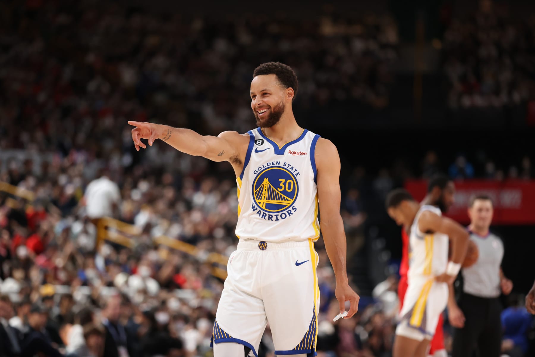 SAITAMA, JAPAN - OCTOBER 2: Stephen Curry of the Golden State Warriors looks on in the game against the Washington Wizards during the NBA Japan Games 2022 at Saitama Super Arena on October 2, 2022 in Saitama, Japan. NOTE TO USER: User expressly acknowledges and agrees that, by downloading and/or using this Photograph, user is consenting to the terms and conditions of the Getty Images License Agreement. Mandatory Copyright Notice: Copyright 2022 NBAE (Photo by Stephen Gosling/NBAE via Getty Images)