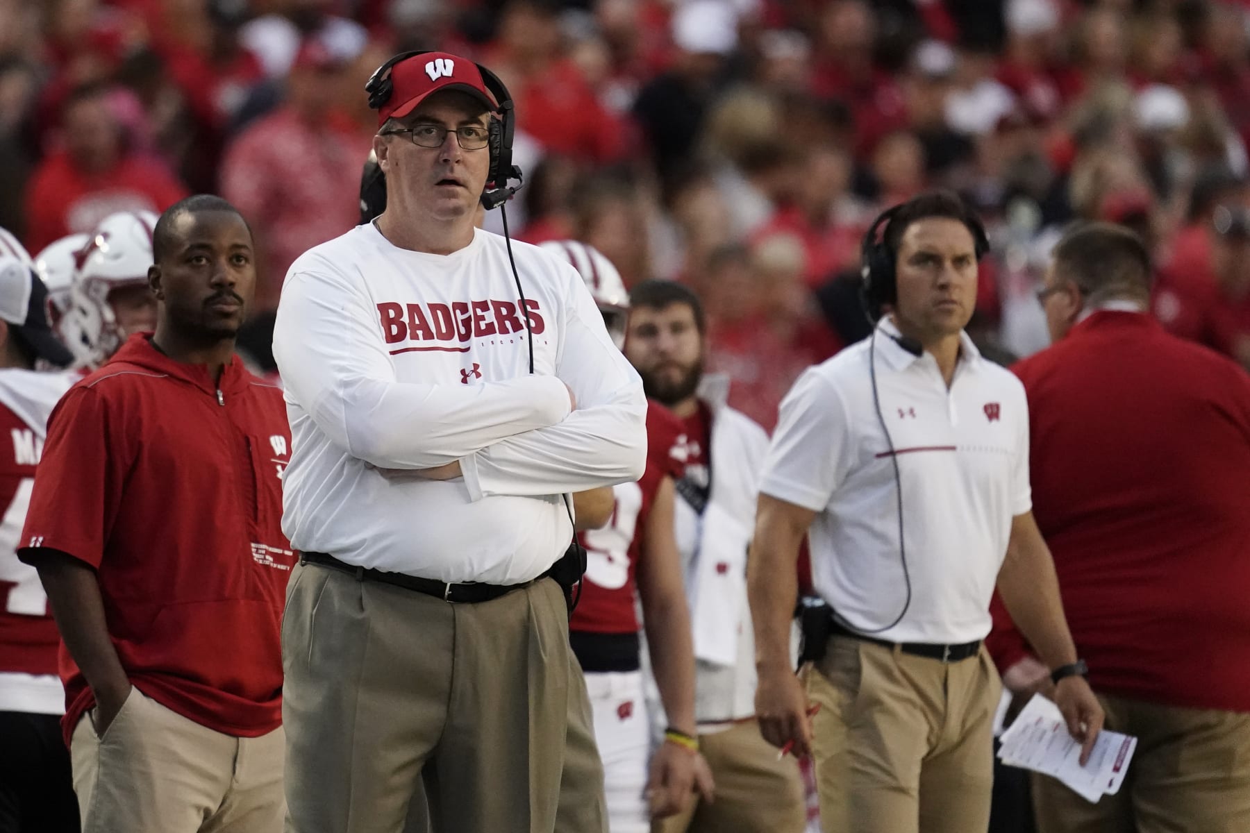 Wisconsin head coach Paul Chryst watches from the sideline during the first half of an NCAA college football game against Illinois State Saturday, Sept. 3, 2022 in Madison, Wis. (AP Photo/Aaron Gash)