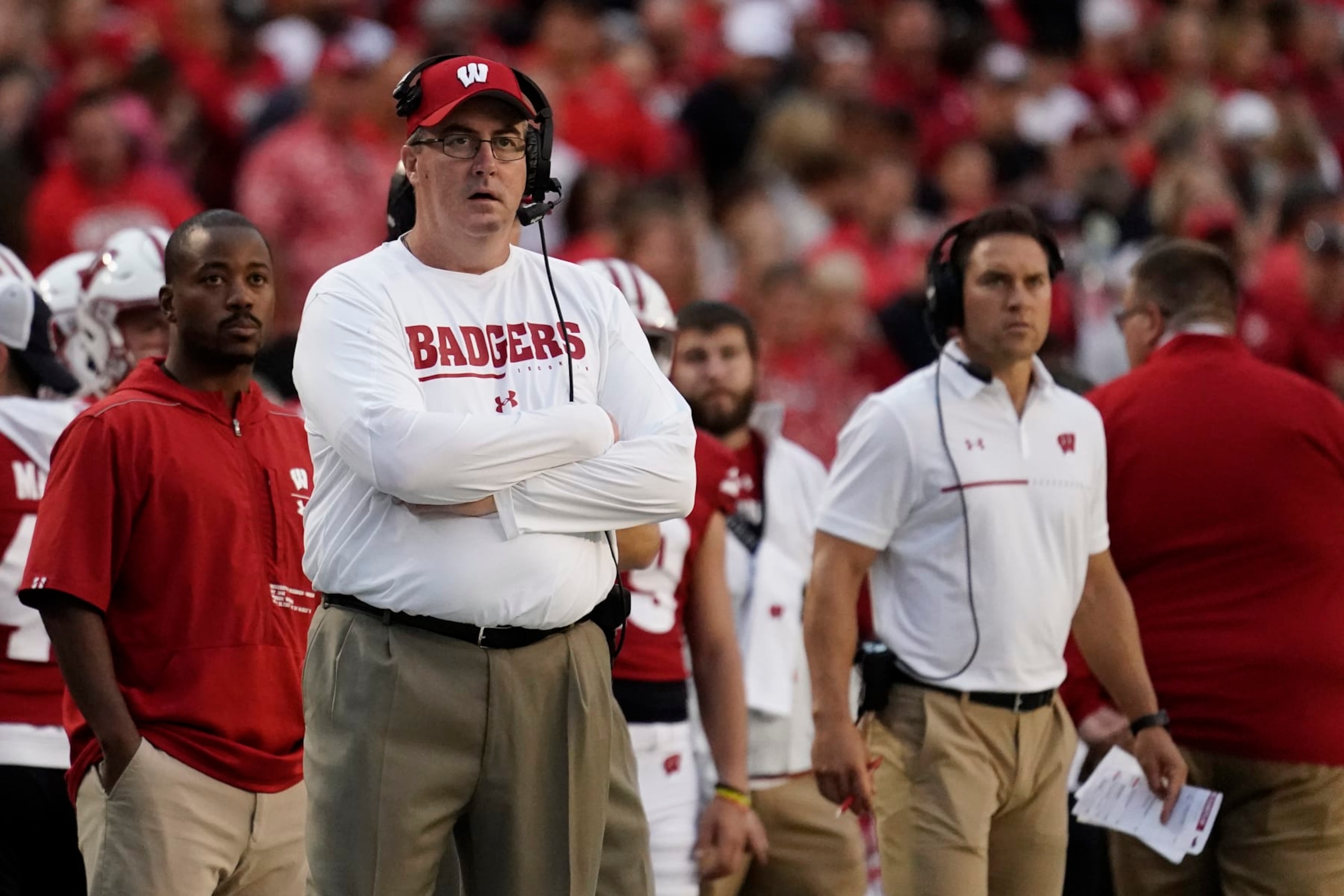 Wisconsin head coach Paul Chryst watches from the sideline during the first half of an NCAA college football game against Illinois State Saturday, Sept. 3, 2022 in Madison, Wis. (AP Photo/Aaron Gash)